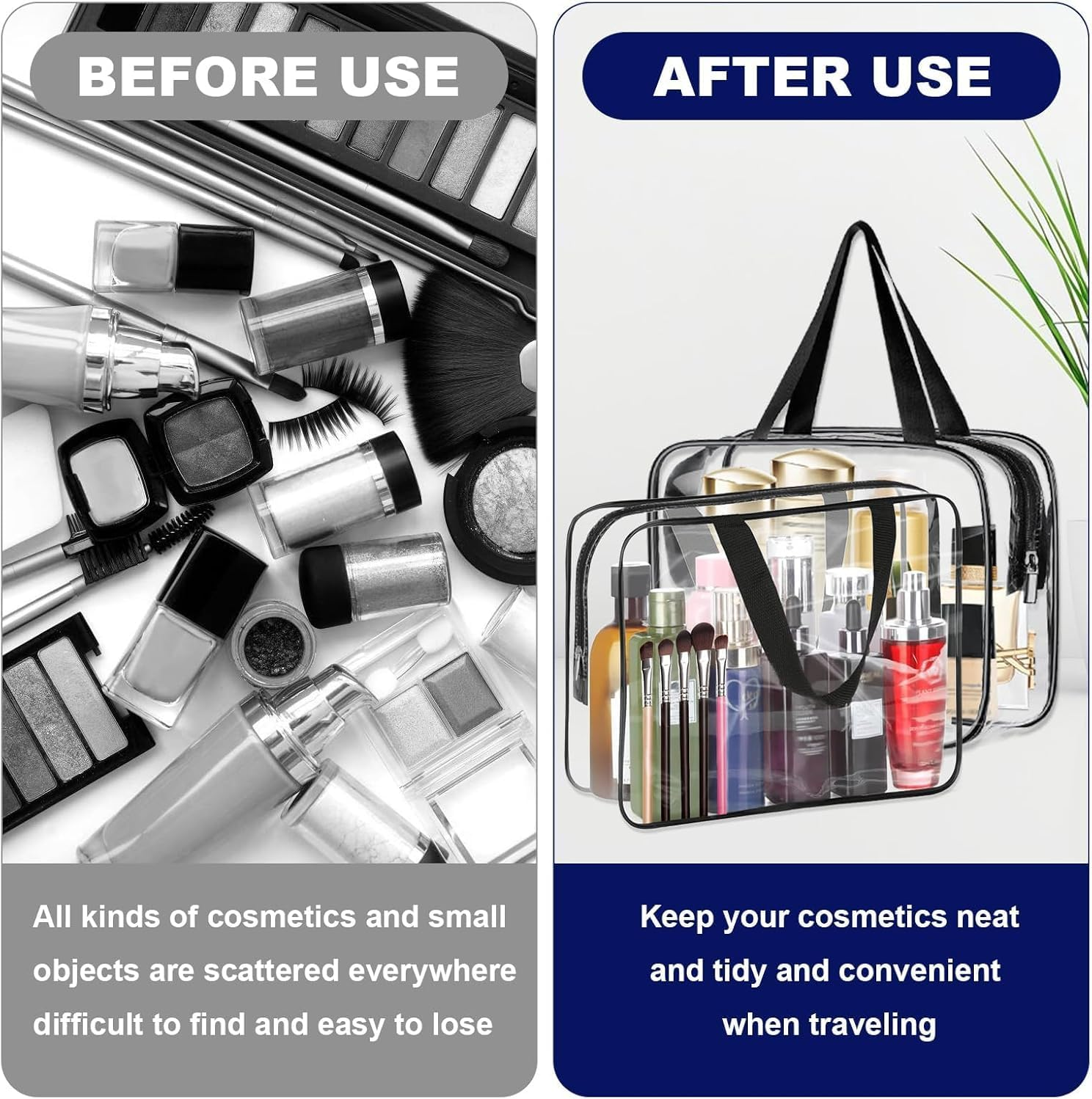 Clear Toiletry Bags - 4 Park Clear Plastic PVC Tote Bags with Zipper Handle - Portable Travel Luggage Pouch - Beach Vacation, and Bathroom (Black) image number 3