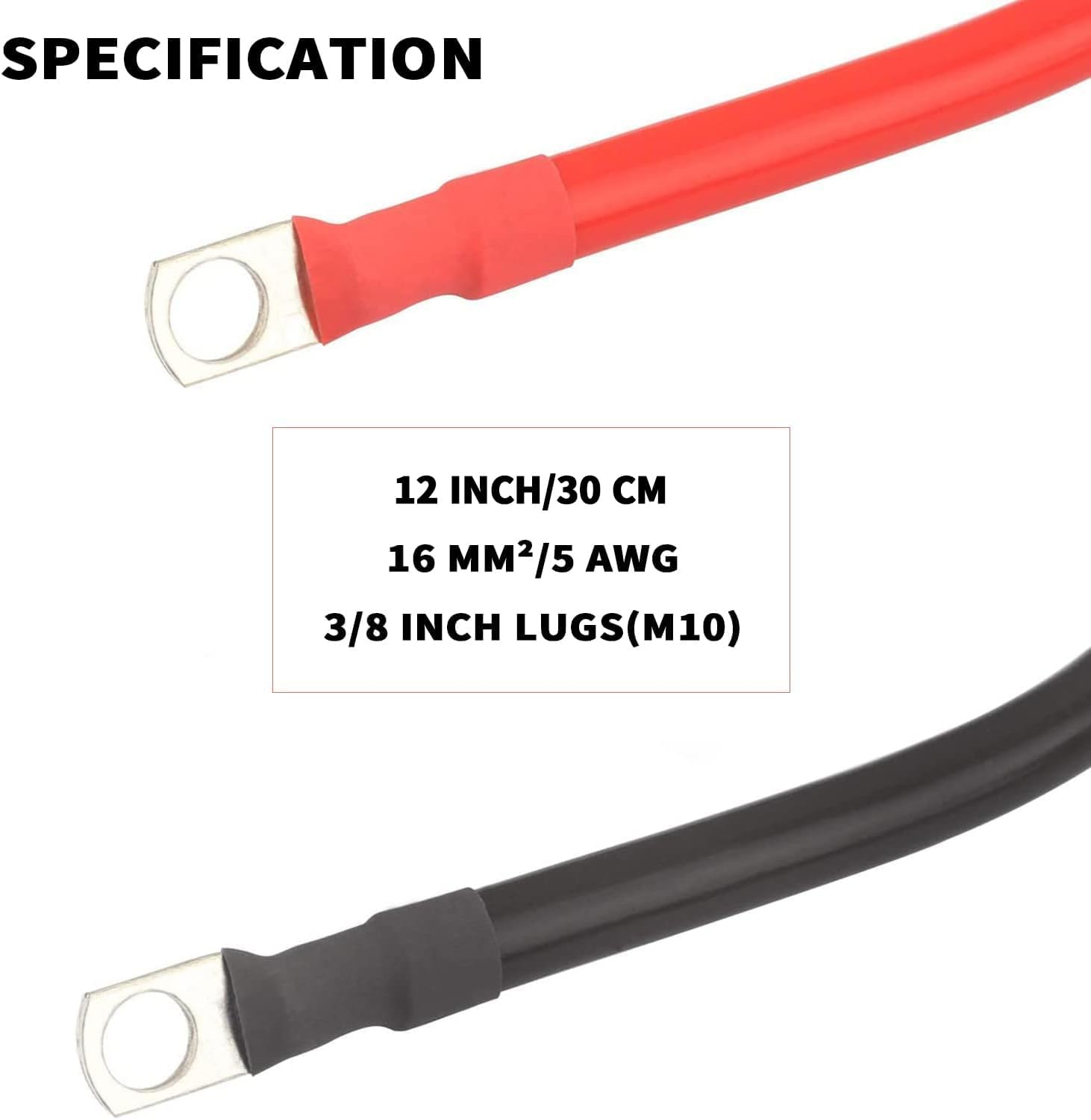 Battery Cable Set,30 Cm 5 AWG 3/8" Ring Copper Power Inverter Cables with Terminals,Battery Power Inverter Wire for Car, Vehicle, RV, Solar - Red + Black image number 4