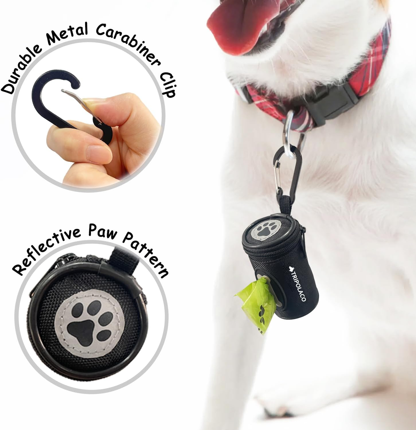 TRIPOLACO Dog Poop Bag Holder for Leash, Easy Release Doggie Poop Bag Dispenser, Fits Most Standard Poo Bags, Soft Fabric Dog Waste Bag Holder with Carabiner Clip, Compatible with All Leashes, Black image number 4