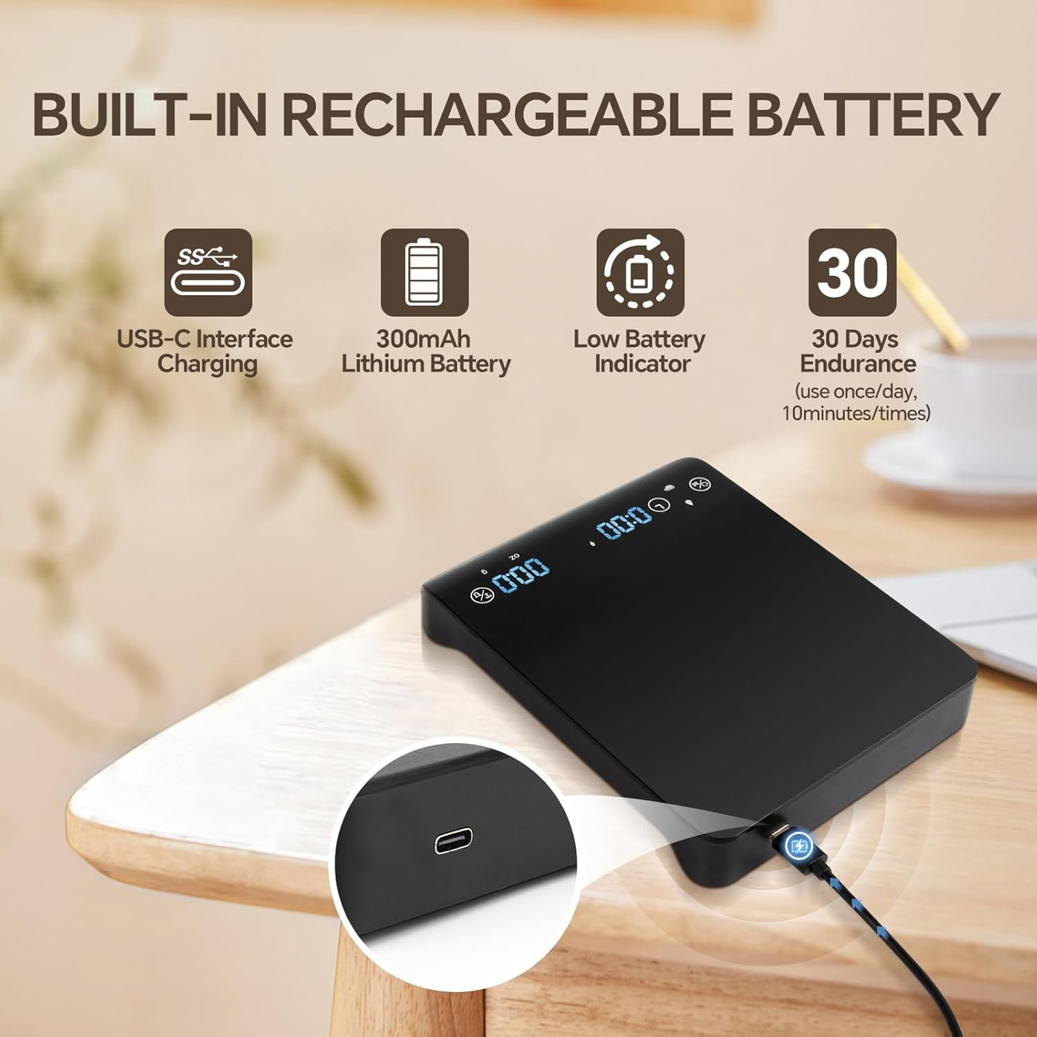 Mini Coffee Scale with Timer, Rechargeable Espresso Scale, Drip Coffee Scale 3Kg/0.1G High Precision, Automatic Peeling Timer, Touch Sensor - Black image number 3