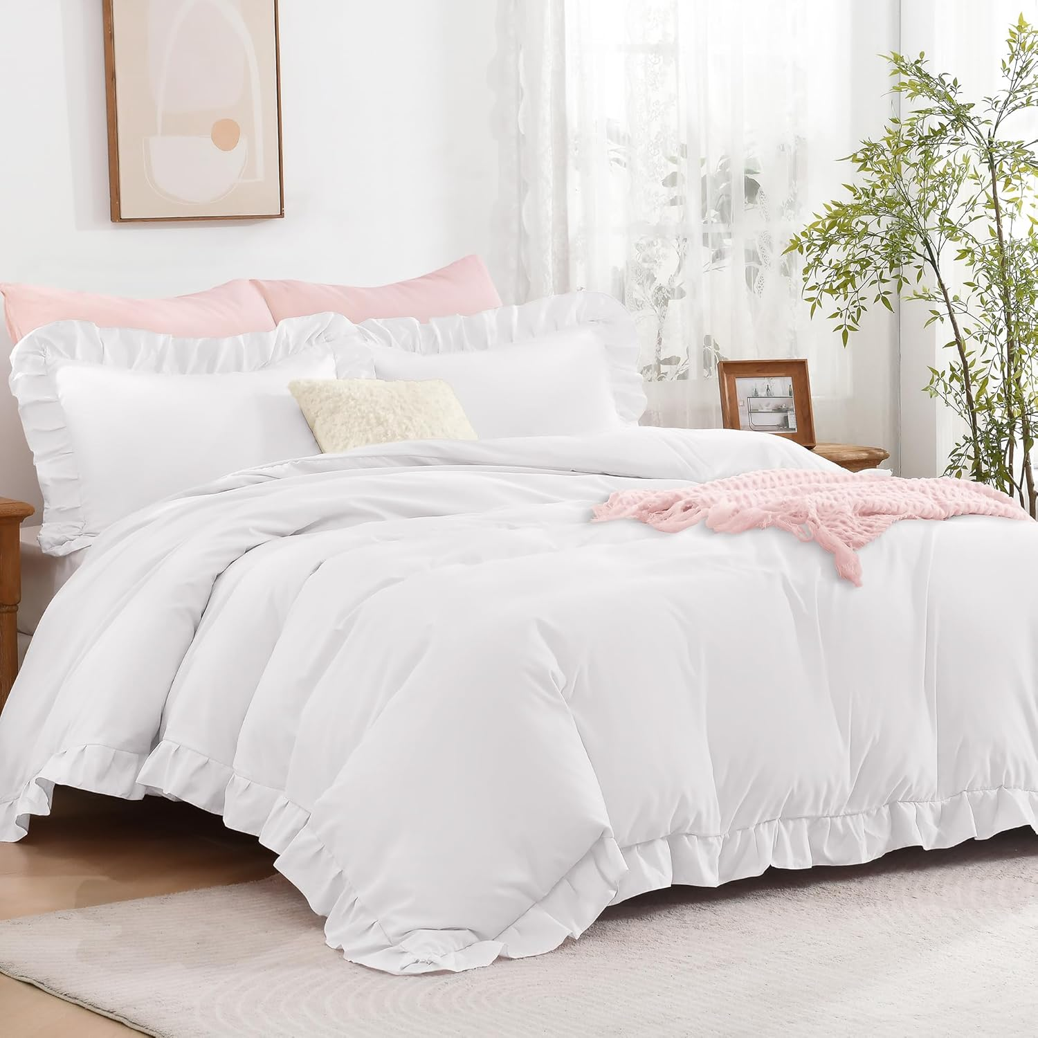 Andency White Ruffle Duvet Cover Full(79X90Inch), 3 Pieces Farmhouse Shabby Chic Ruffled Duvet Cover, Soft Microfiber Duvet Cover Set with Zipper Closure, Corner Ties image number 5
