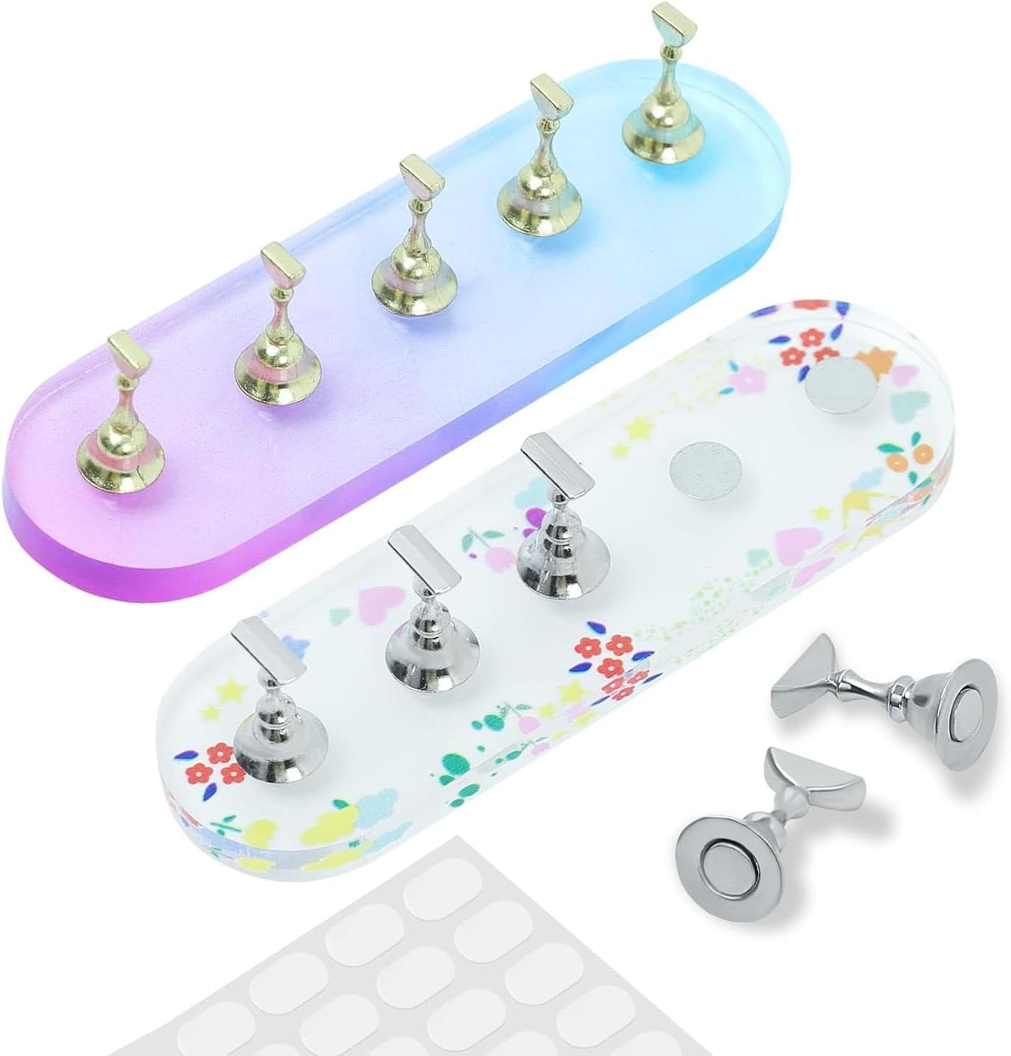 Ruetail 2 Sets Nail Stand for Press Ons Nail Art Display Stand, Comes with 100 Pcs Reusable Double Sided Sticker, Magnetic Fake Nail Painting Stand for Home DIY Nail Art Beginner Salon Supplies