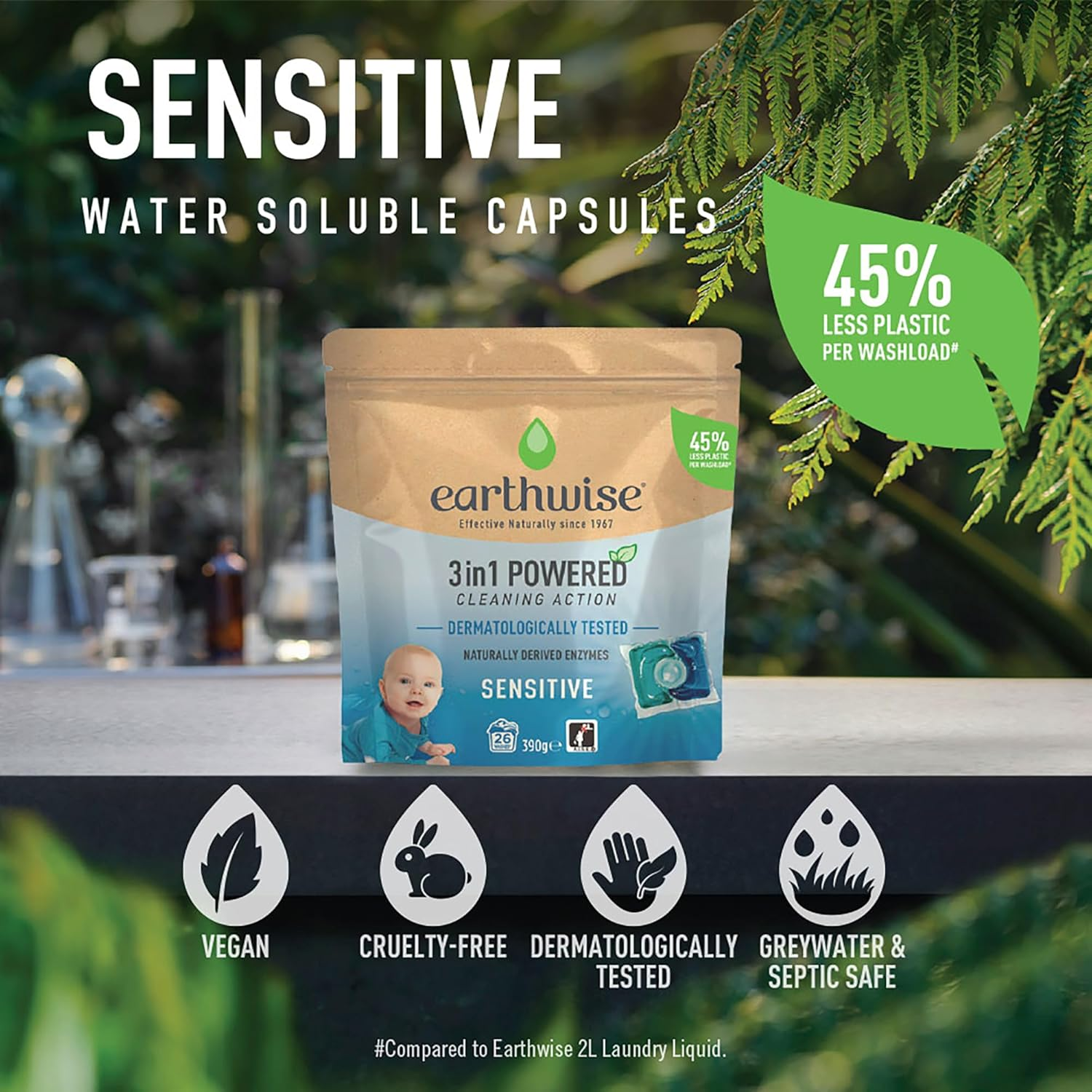 Earthwise Sensitive Laundry Washing Detergent Capsules, 26 Pack, 26 Washloads, Suitable for Front & Top Loader, Dermatologically Tested, 3In1 Powered Cleaning Action with Naturally Derived Enzymes image number 5