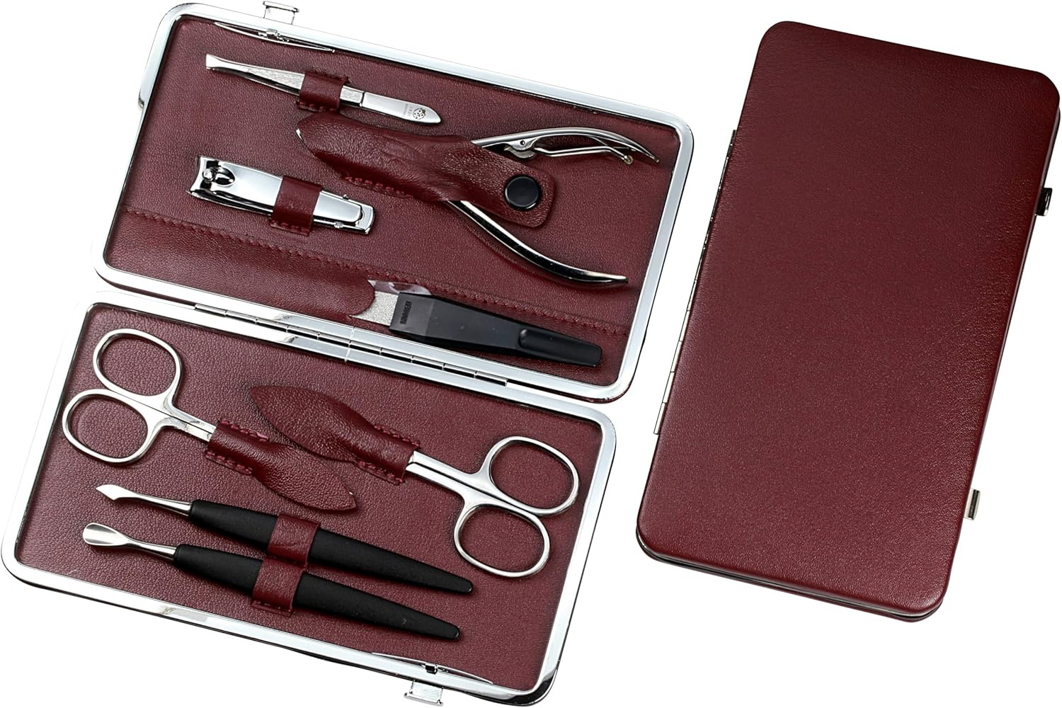 Sonnenschein by Hans Kniebes Manicure Set, 5 Pieces, Nail Scissors, Nail Clippers, Nail File, Tweezers, Double Instrument, Nappa Lambskin Manicure Case, Black