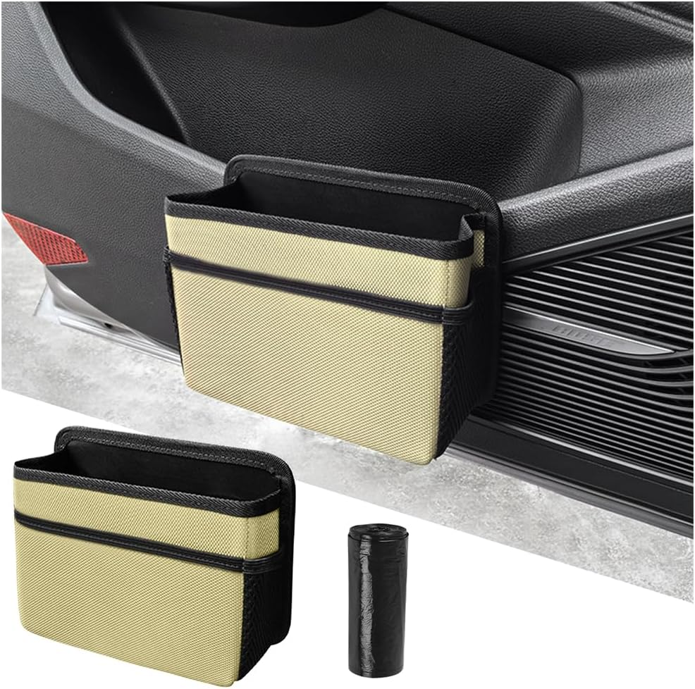 Mandark Car Trash Can, Foldable Mini Vehicle Trash Bin Garbage Organizer Holder, Waterproof Automotive Interior Hanging Dustbin Storage Bag Container Accessories, Universal for Most Cars (Beige)