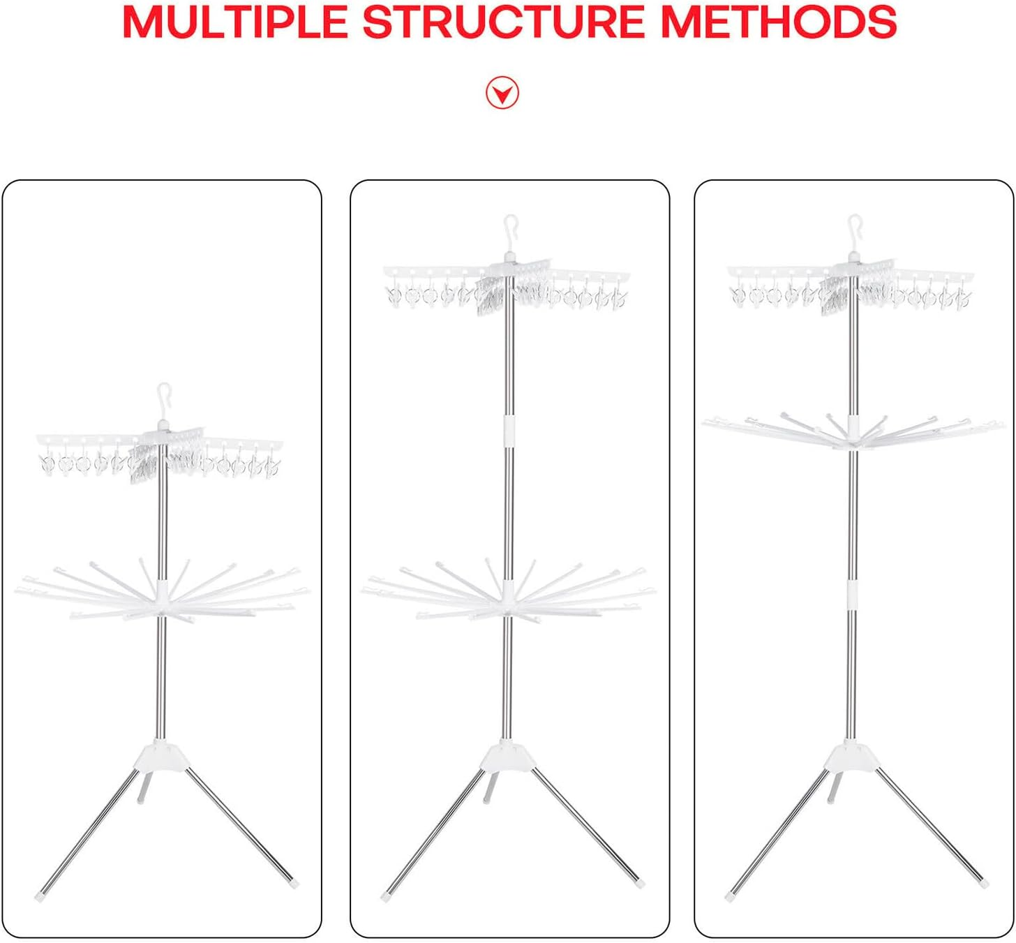 3-Tier Clothes Drying Rack, Folding Laundry Drying Rack, Indoor Outdoor Space Saving Stand Hanger with 24 Clips and 32 Towels Bars for Baby Clothes, Cloth Diapers, Socks, Bras, Towels, Underwear image number 3