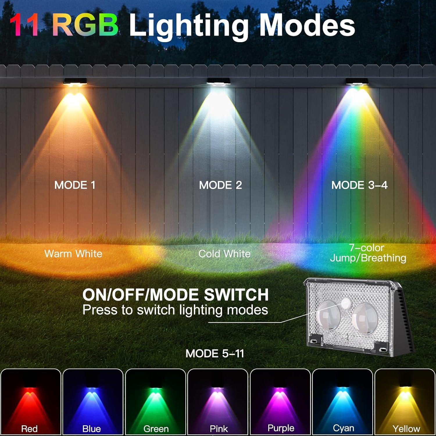 Quntis Outdoor Solar Wall Lights, 4 Pack Solar Fence Lights Warm White & 11 RGB Modes IP64 Waterproof Wireless Stick on Wall Lamps for outside Garden Front Door Deck Stair Yard Railing Patio D&eacute;cor image number 6