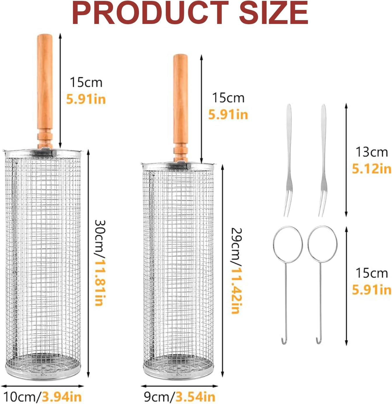 Grill Baskets for Outdoor Grill, Rolling Grill Basket with Removable Wooden Handle, Stainless Steel Grilling Accessories for Fish, Shrimp, Meat, Vegetables, Fries，Bbq