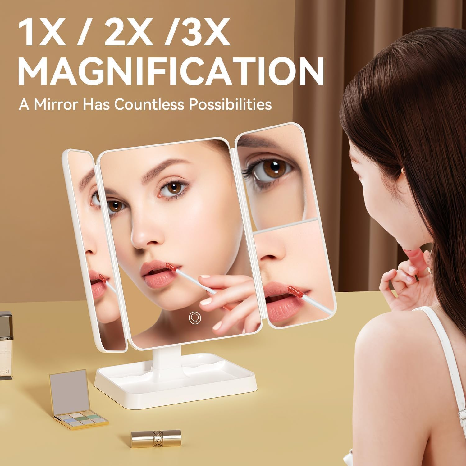 Vanity Makeup Mirror with 52 LED Lights, 3X/2X/1X Rechargeable Magnifying Mirror, Touch Screen Stepless Dimmable Color Adjustable Trifold Mirrors, 90&deg; Rotation Portable Cosmetic Vanity Mirrors image number 1
