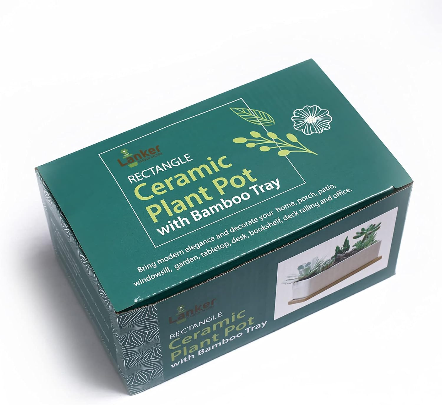 LANKER 6.5 Inch Rectangle White Ceramic Succulent Planter Pot Decorative Cactus Plant Pot Flower Container with Bamboo Tray (Rectangle 6.5 Inch) - Rectangle 6.5 Inch image number 3