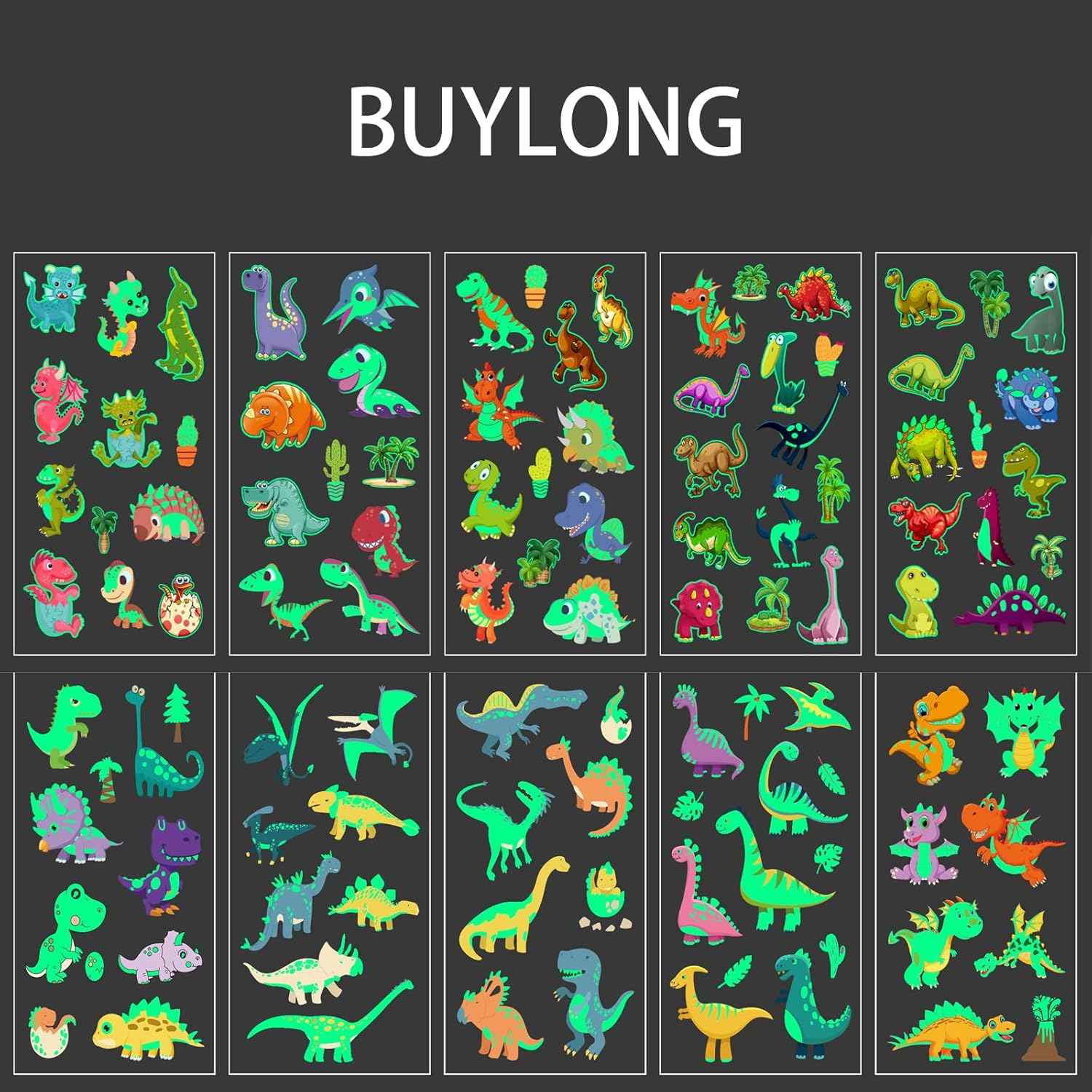 BUYLONG Dinosaur Temporary Tattoos Glow in the Dark Dinosaur Stickers, Temporary Face Sticker Set, Face Makeup Fake-S Tattoos, Birthday Party Supplies Decorations (108 Kinds of Glow)