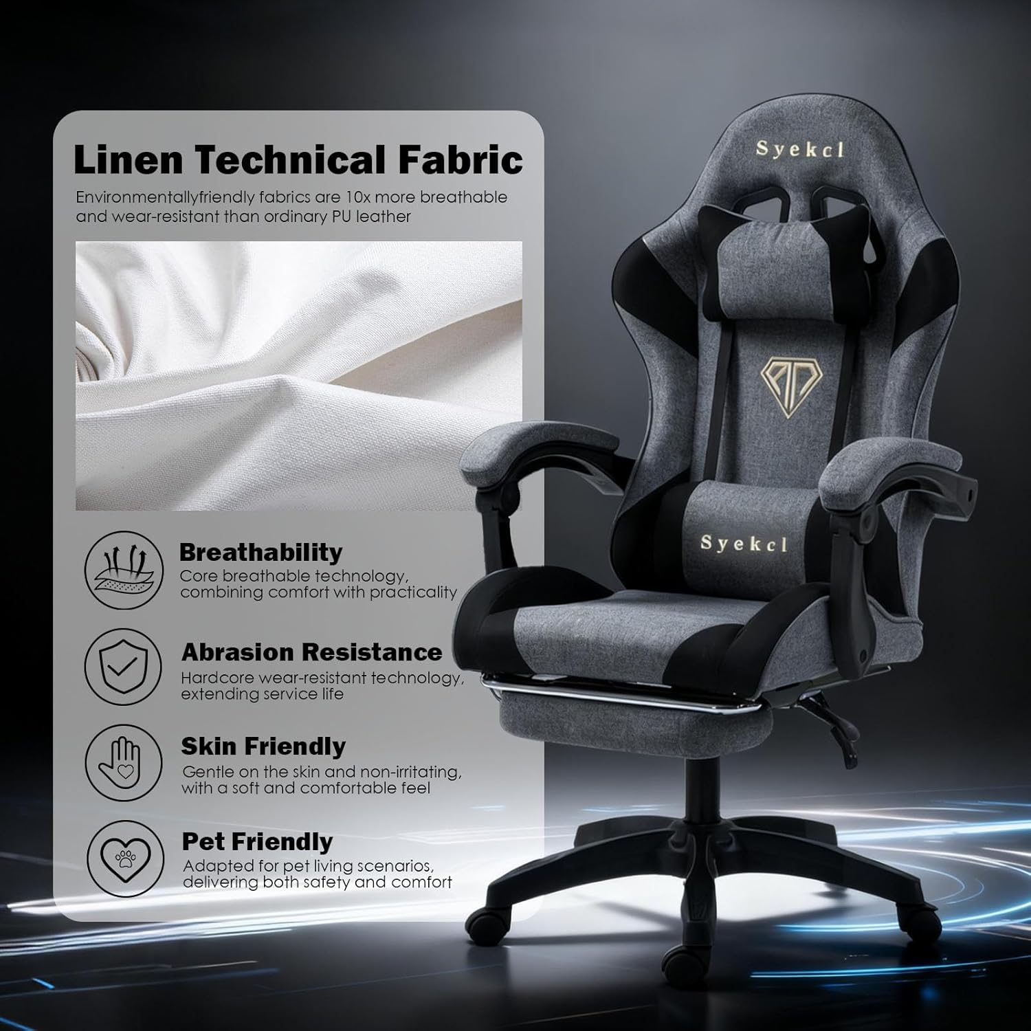 Gaming Chair Computer Chair, Ergonomic High Back Fabric Gaming Chair, Tilt and Height Adjustable Computer Chair with Neck and Massaging Lumbar Support for Office or Gaming (Linen, Grey) image number 4