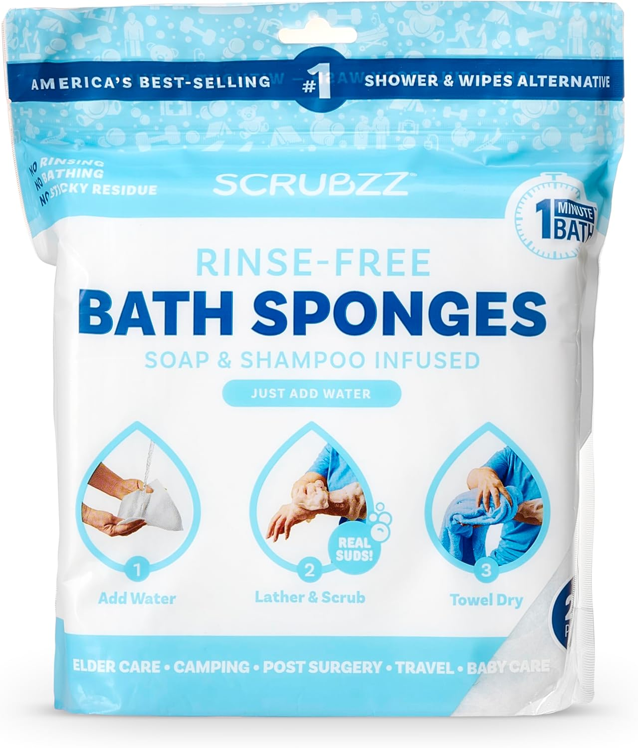 Scrubzz Disposable No Rinse Bathing Wipes - 25 Pack - All-In-1 Single Use Shower Wipes Simply Dampen Lather and Dry without Shampoo or Rinsing image number 1