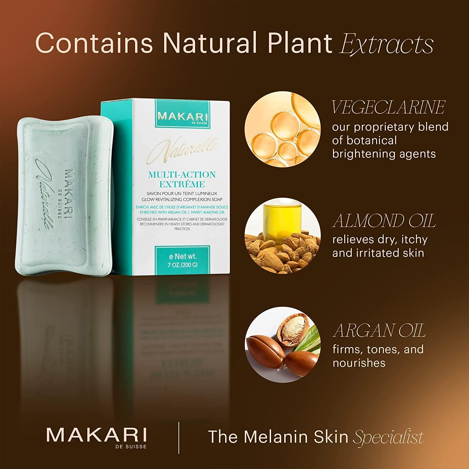MAKARI Naturalle Multi Action Extreme Skin Lightening Soap 7Oz. " Exfoliating & Moisturizing Bar Soap with Argan Oil & SPF 15 " Hydrating & Regulating Treatment for Dark Spots, Acne Scars