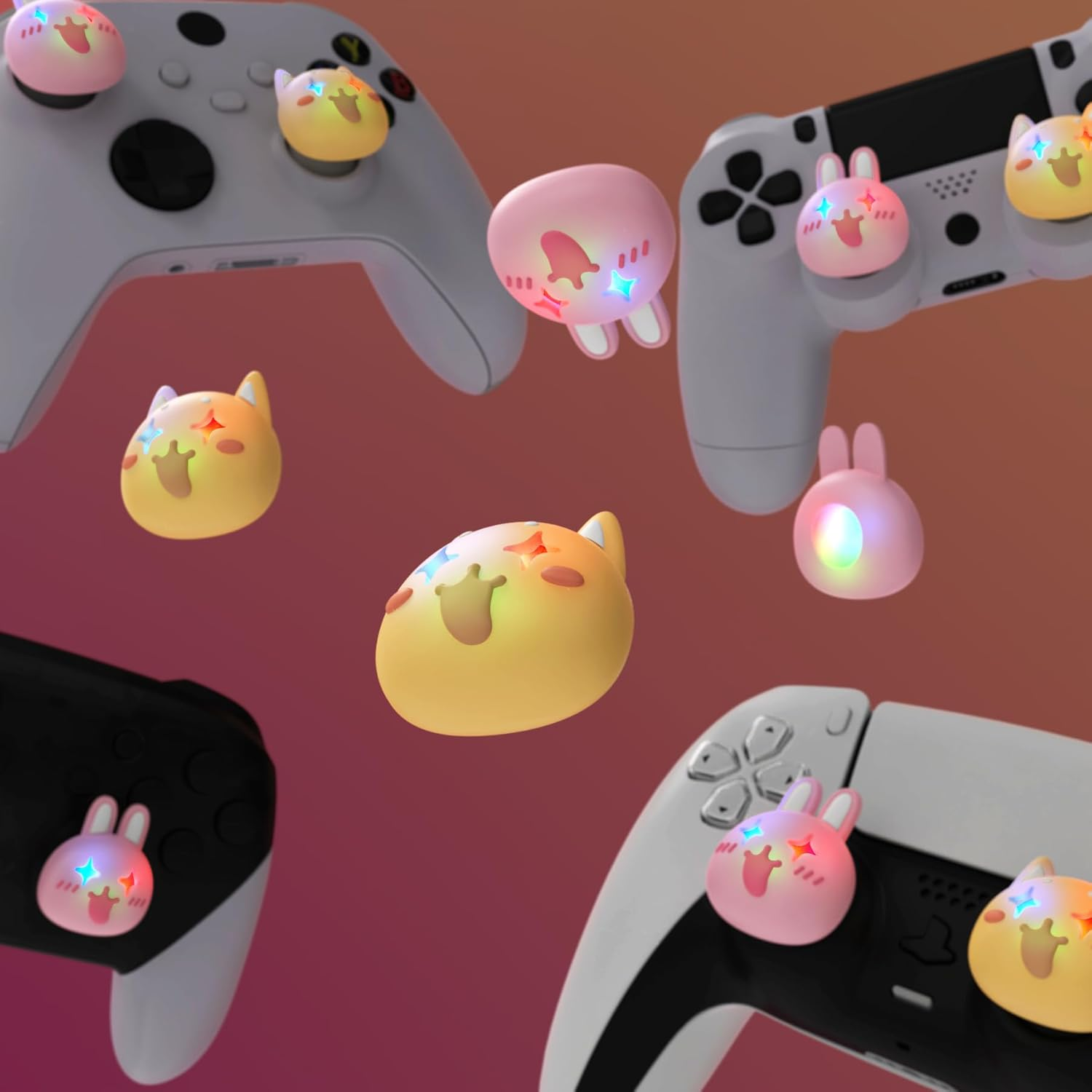 Cute Universal Illuminated LED Thumbstick Grips for Ps5, for Ps4, Joystick Caps for Xbox Series X/S, for Xbox One, Switch Pro Controllers, Joystick Protection - Cheeky Bunny & Puppy image number 2