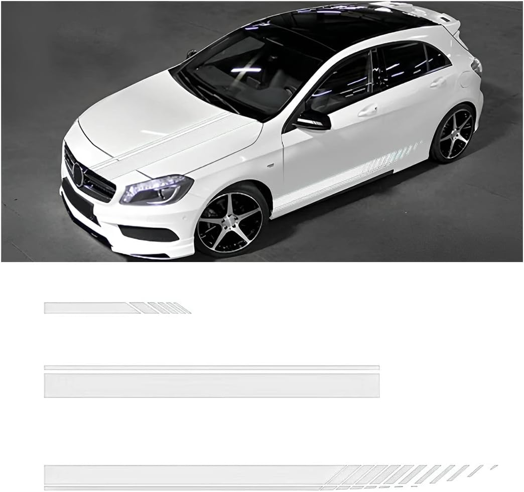 Car Hood Stripe Sticker, 1Set 3Pairs Racing Decal Stickers for Auto Body Side, Vinyl Modified Decoration for Vehicles Skirt Roof Hood Bumper Stripes Decor, Universal Size (White)