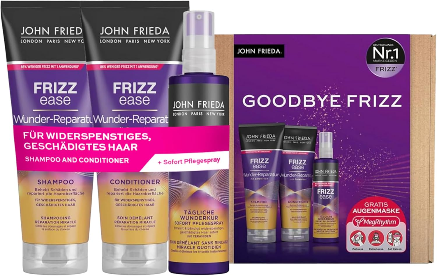 John Frieda Frizz Ease Wonder Repair Value Kit - Shampoo, Conditioner, Instant Care Spray and Megrhythm Eye Mask - Feel-Good Program for Home image number 1