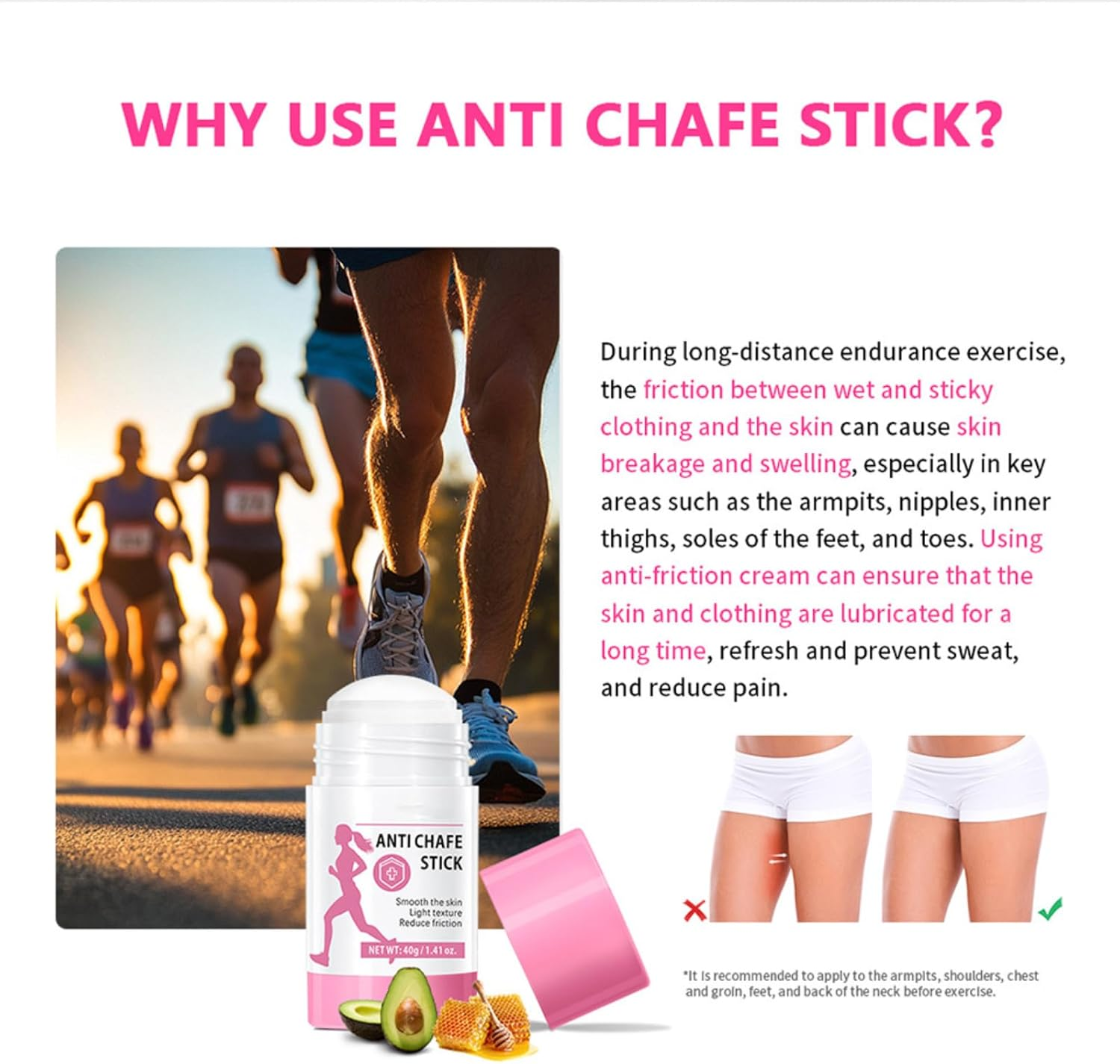 Waterproof & Sweat-Proof Anti-Chafing Stick - Unisex Non-Greasy Glide Balm for Thigh, Leg & Arm Friction Prevention, Natural Anti-Friction Protection for Sports and Running Activities (3 PCS)
