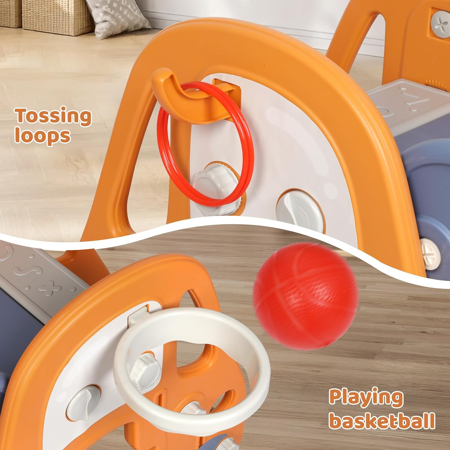 Bopeep 3 in 1 Kid Slide Set, with Climber Steps Basketball Hoop Indoor Outdoor Playground Activity Center Toy Stairs Foldable Playset Equipment,Toddlers for Age 2+ (Orange) image number 5