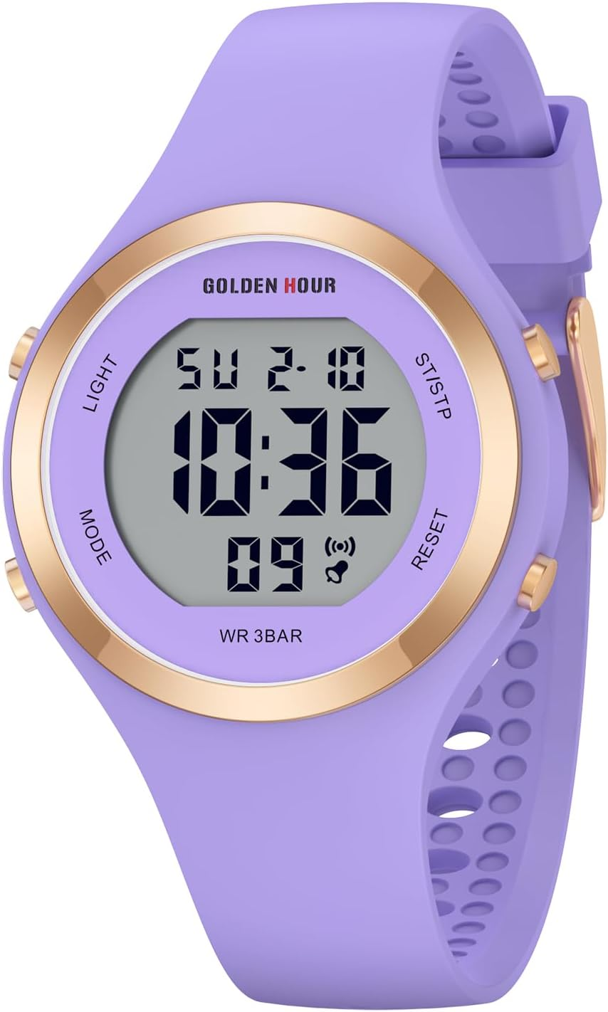 GOLDEN HOUR Digital Ladies Watches 5ATM Waterproof Sport Womens Watch with Luminous/Date/Week/Month Chronograph, Silicone Strap Swimming Watch for Women