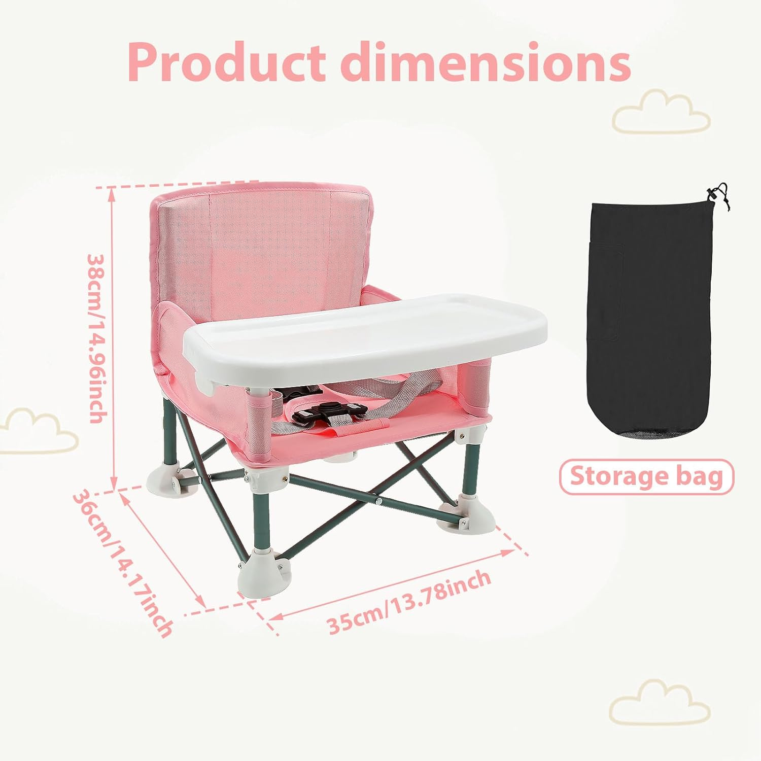 Baby Booster Seat Highchair, Portable Toddler Booster Seat High Chair with Child Safety Belt and Rear Storage Pocket Foldable Baby Floor Seat with Removable Feeding Tray for Indoor and Outdoor Use (Pink)