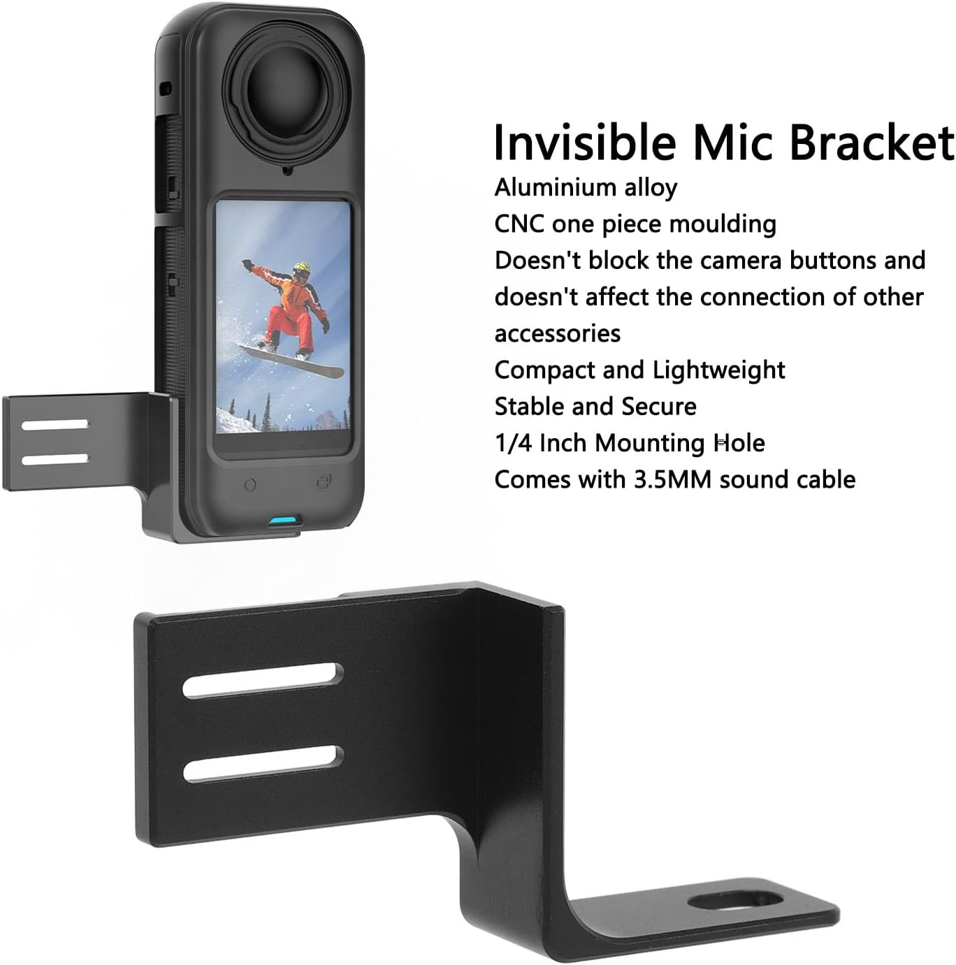 Invisible Mic Bracket, Insta 360 X4 Cold Shoe Compatible with X4 / X3 / One X2, Aluminum Alloy Microphone Expansion Adapter Mount Bracket with Audio Cable image number 2