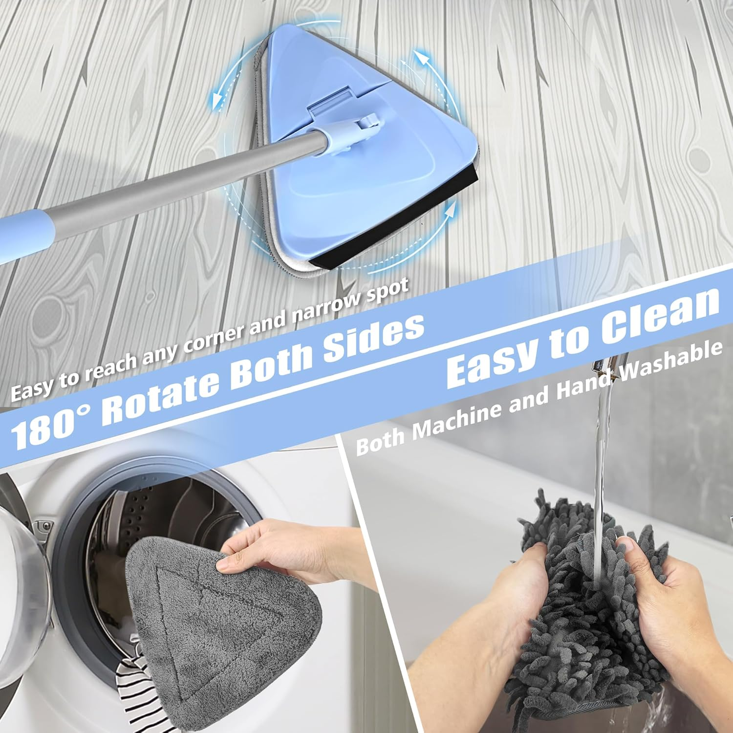 NEWE Wall Mop Cleaner with 202 Cm Long Handle, 180&deg; Folding Ceiling Cleaning Tool with Squeegee, Triangle Baseboard Scrubber with 4 Chenille Duster and 2 Microfiber Pads for Washing Painted Walls image number 3