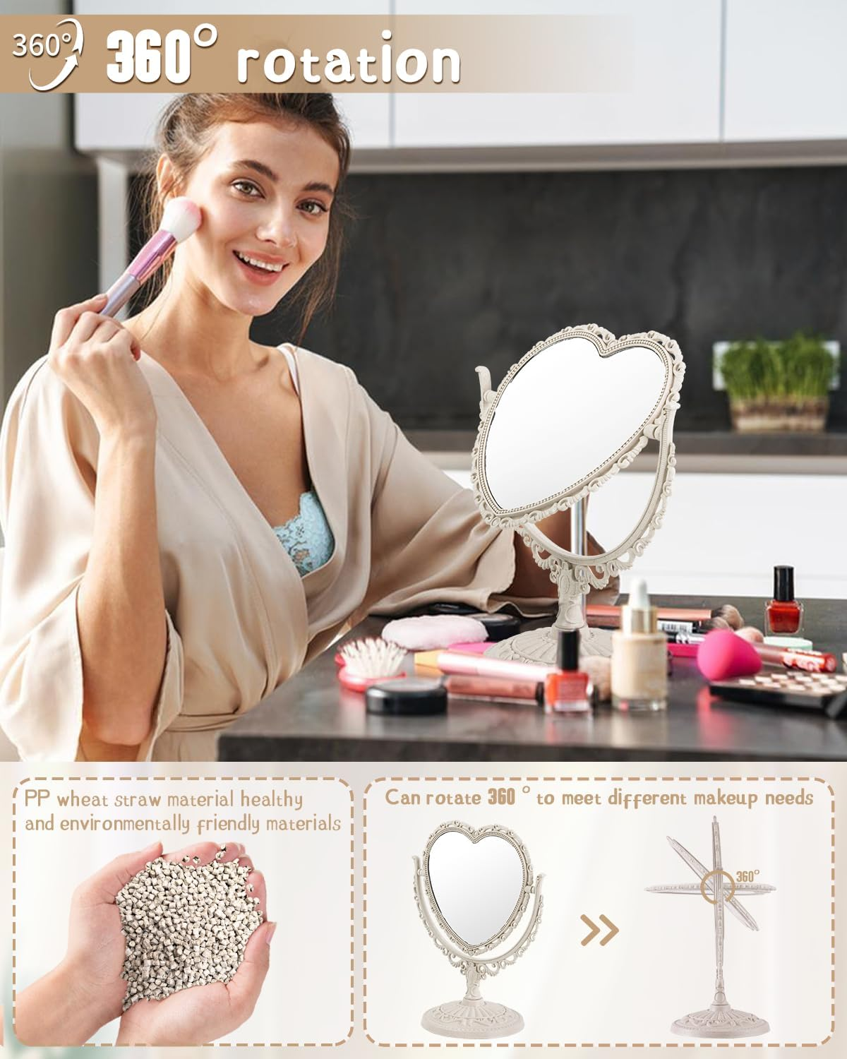 D&X 7-Inch Heart Mirror 360 Degree Rotation Double Sided Magnifying Makeup Mirror,One Side with 3X Magnification Bathroom Bedroom Vanity Mirror(Beige, Heart-Shaped) image number 3