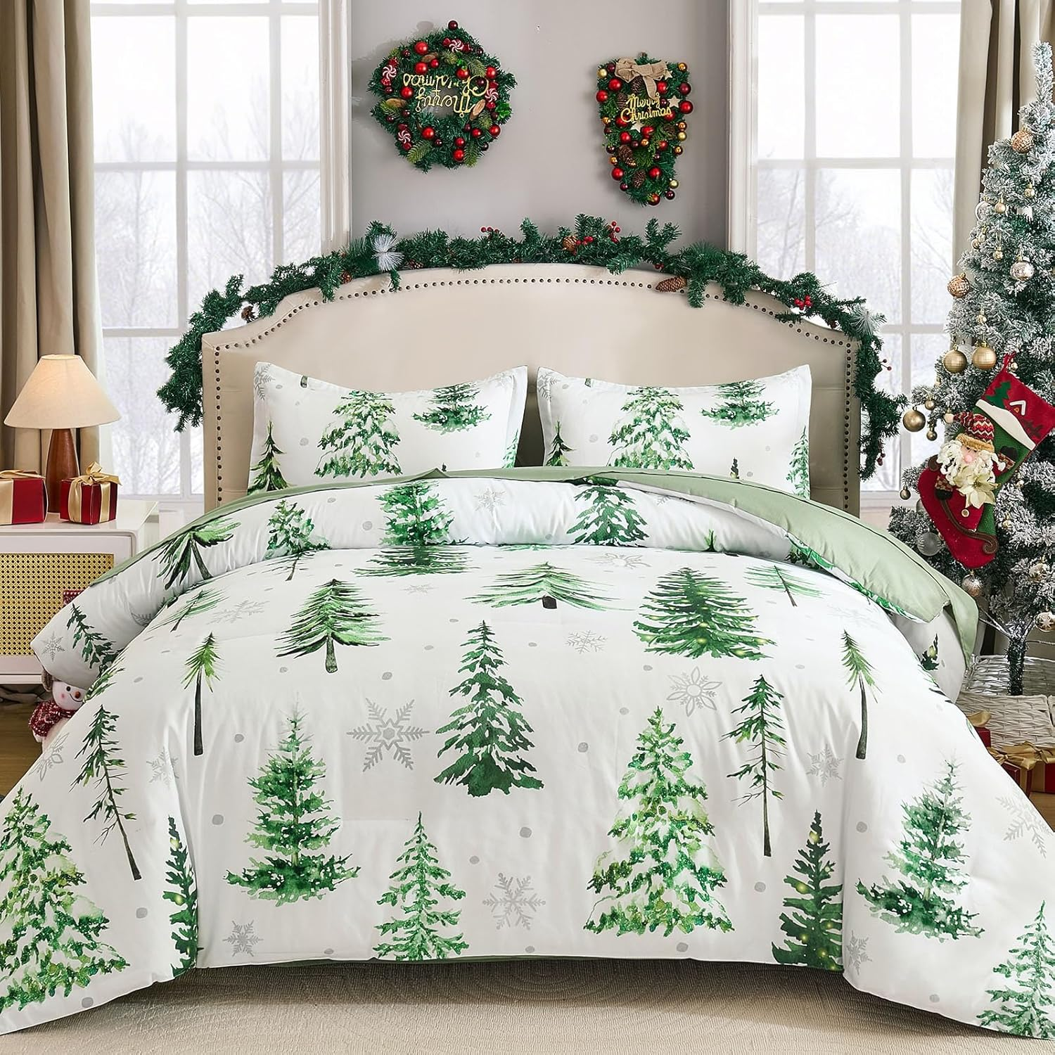 Christmas Duvet Cover Set Queen Wreath Christmas Tree Poinsettia Bedding Set, 3 Piece Soft Microfiber Rustic Green White Winter Holiday Duvet Cover Festival Decor (Zipper Closure,90''X90'')