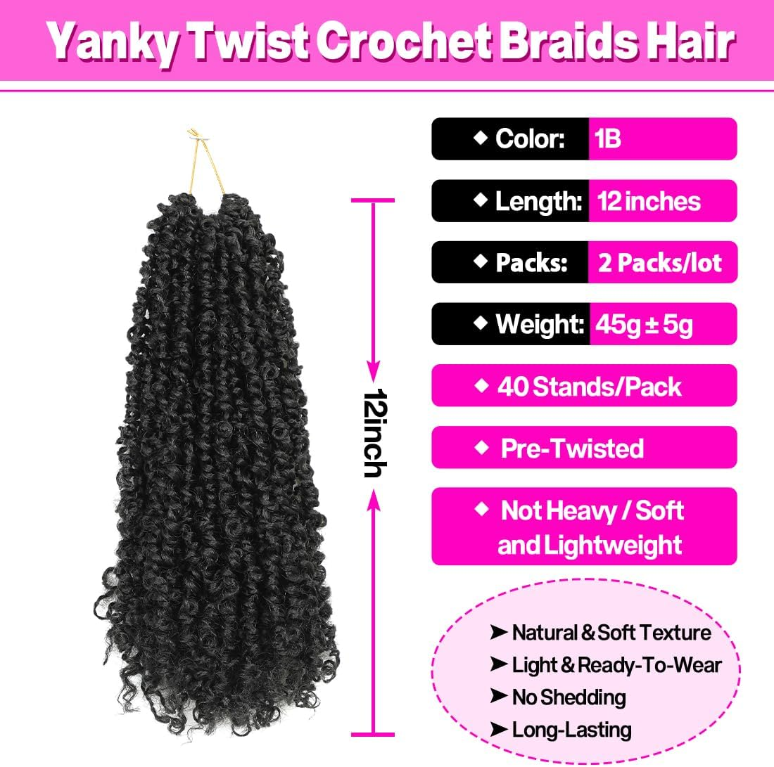 Youngther Yanky Twist Crochet Hair Pre Twisted Fluffy Spring Twist Curly Crochet Hair Pre Looped Synthetic Hair Extensions 12 Inch 1B Pack of 2 image number 6