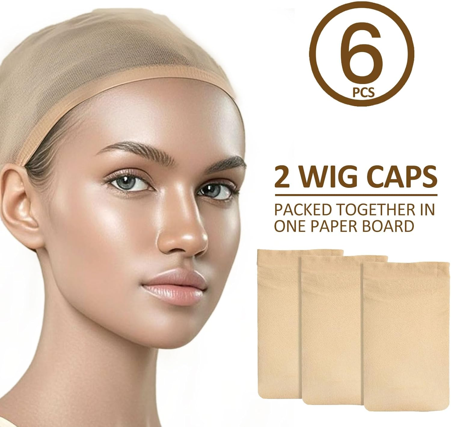 6 Pack Stretchable Nylon Stocking Wig Caps, Lightweight and Breathable, Nude Wig Caps for Women (Apricot) image number 3