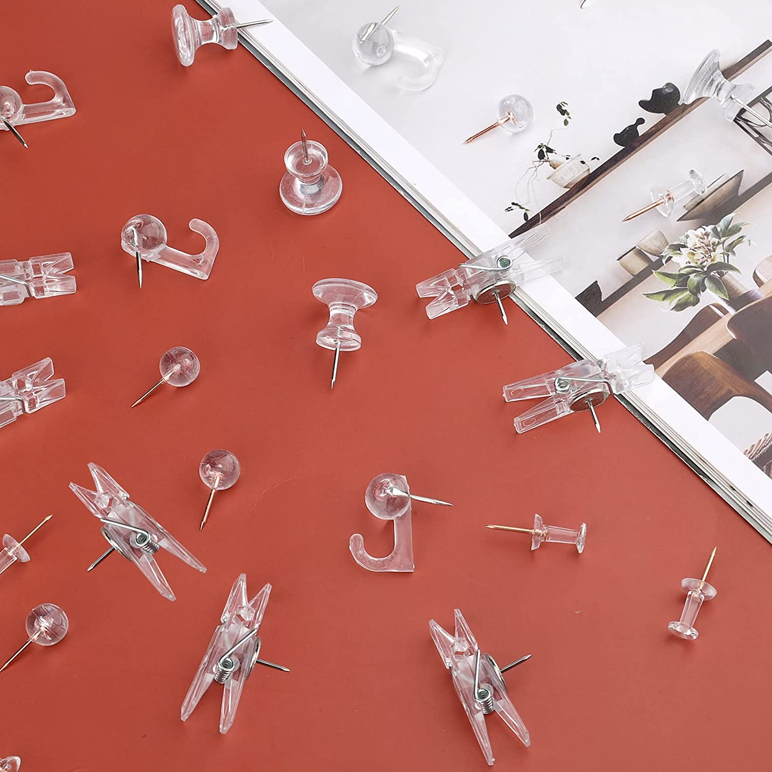 AIEX 125Pcs Push Pin Set - Clear Plastic Hook, Clip, Decorative Thumb Tacks with Stainless Steel Point for Cork Board, Bulletin Board, Office Wall (5 Styles) image number 1