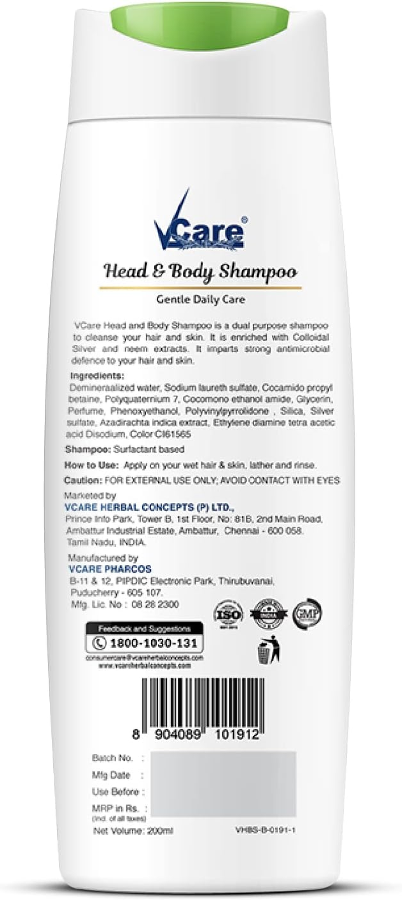 Vcare Head & Body Shampoo, 200 Ml, (Pack of 2), Enriched with Neem and Silver Iron Technology image number 6
