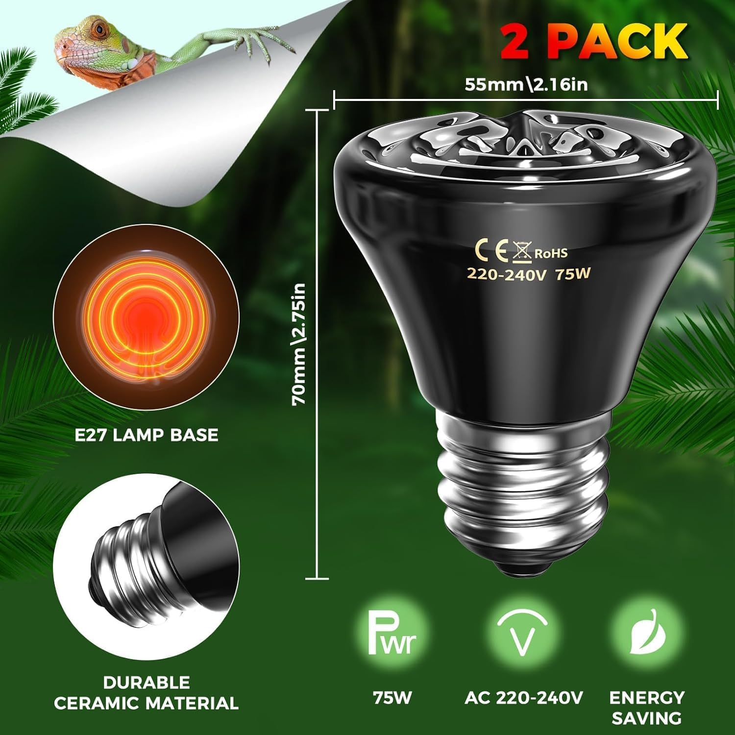 Glowup 75W Reptiles Heat Lamp Bulb,No Light Ceramic Heat Emitter,E27 Black Heatbulb for Reptiles,Ceramic Heat Bulb for Tortoise/Bearded Dragon/Lizard/Snake/Puppies/Aquarium-2Pack image number 1