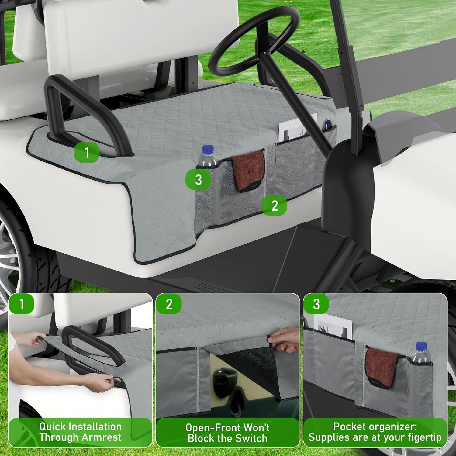 Universal Golf Cart Seat Covers with 4 Pockets, 128X80Cm Waterproof Seat Protector with Non-Slip Bottom for EZGO Yamaha Club Car, 2-Person Golf Cart Accessories with Storage Pockets image number 4
