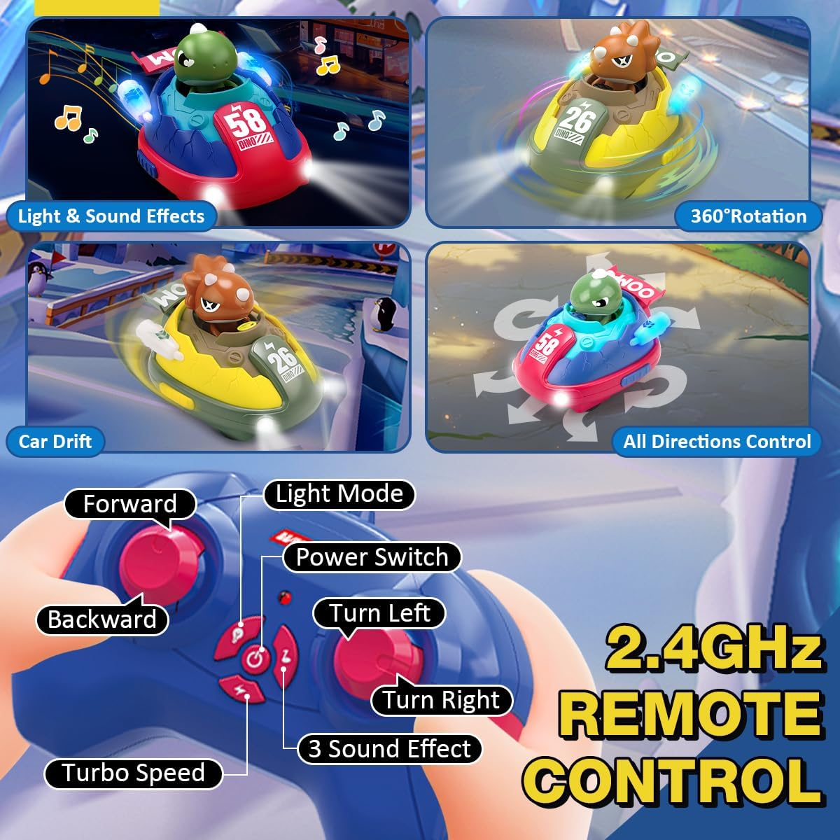 REMOKING 2 Pack Remote Control Car for 3 4 5 6 7 Year Old Boys, Dinosaur Toys with Lights & Sounds Effects, 360&deg; Rotation, 2.4Ghz RC Ejecting Bumper Car for Kids Age 3-8 Christmas Birthday Gifts image number 2