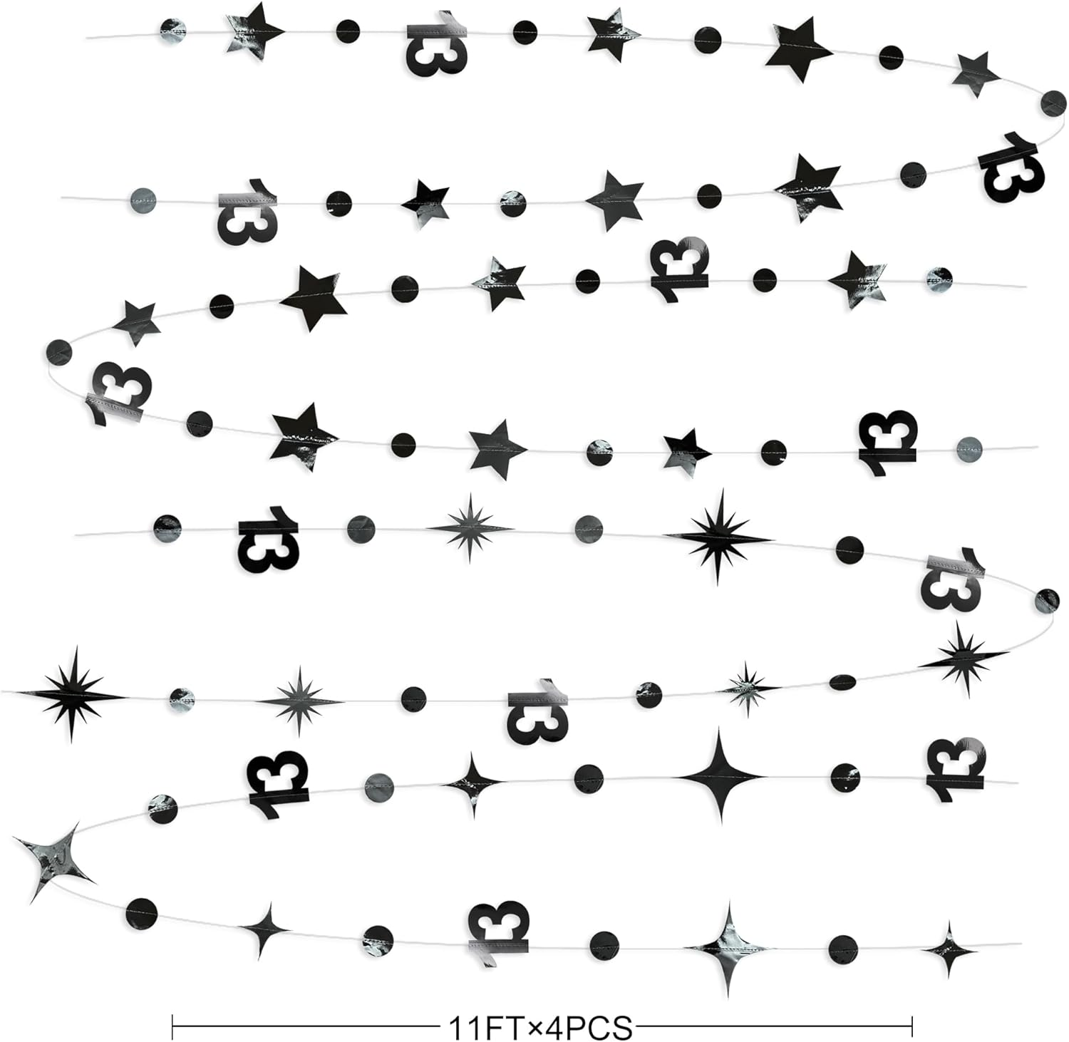 Black 13Th Polka Dot Star Garland Streamer Metallic Paper Black 13 Sign Hanging Bunting Banner for Boy Official Teenager Thirteen Birthday Happy 13 Years Old 13Th Anniversary Party Decoration Supplies image number 3