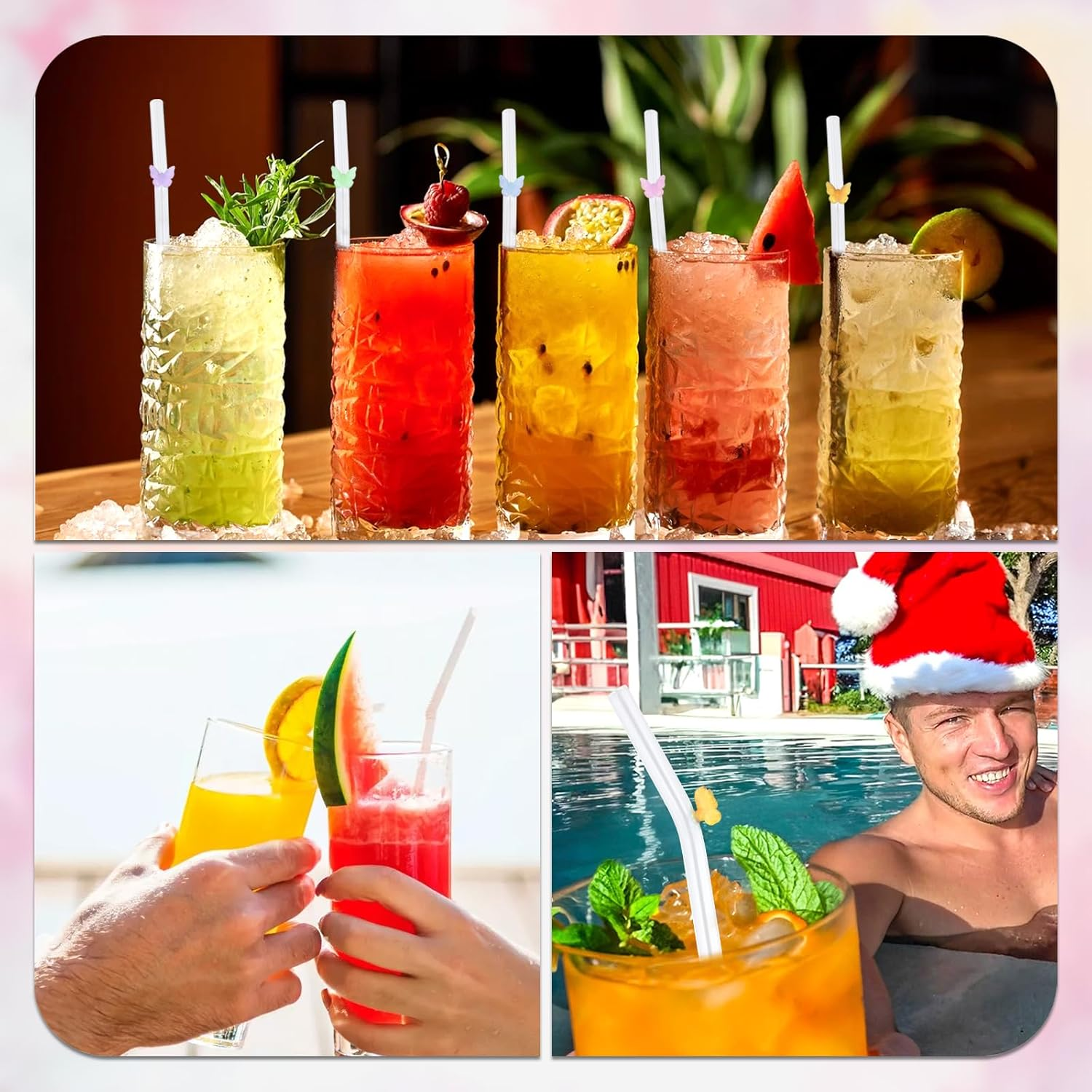 Reusable Glass Straws 6-Pack, Multicolour Butterfly Decorated Drinking Straw, Eco Friendly Bent Straws Drinking for Smoothies, Milkshake, Cocktail (20Cm, Clear) image number 1