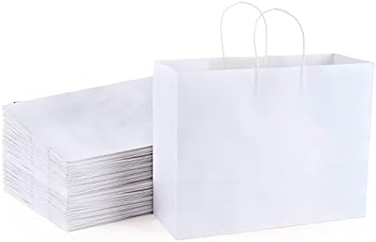 SHIPKEY 25Pack White Paper Bags, White Paper Bags with Handles, 40X15X30Cm Merchandise Bags, Retail Bags, Extra Large White Gift Bags (16X6X12 Inches)
