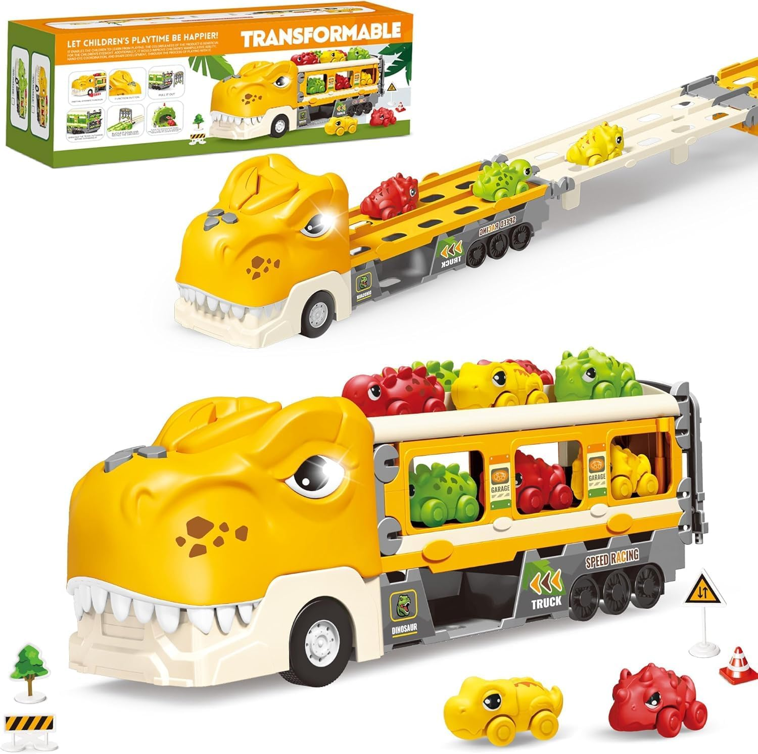 Dinosaur Truck Toys for Kids 3-5 Years,With 6 Dinosaur Car Vehicle (Random),1 Toy Tyrannosaurus Dinosaur Transport Carrier Truck,Race Track Playset with Lights Sounds,Kids Gifts image number 4