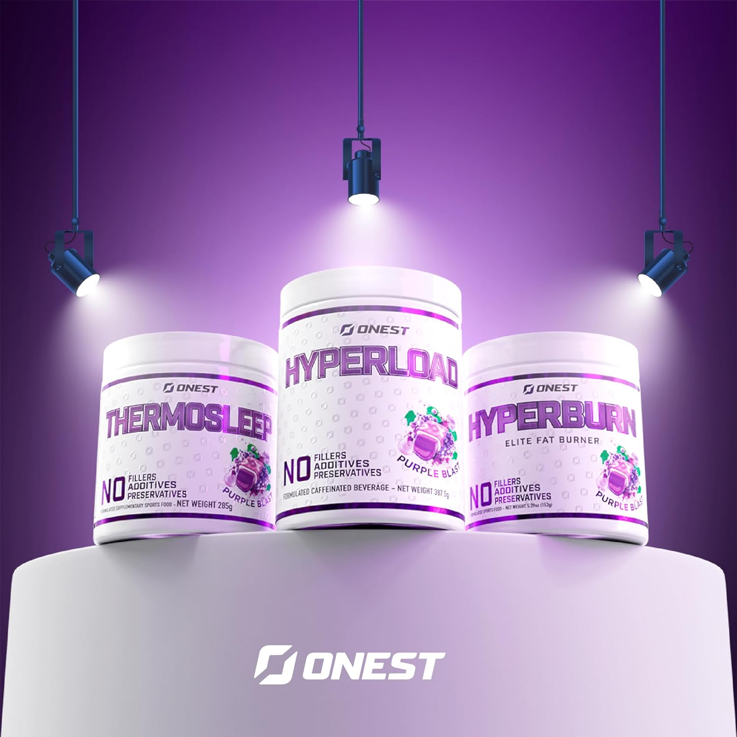 Onest Hyperload Pre Workout Supplements 387.5G | 25 Servings Workout Powder for Men & Women | Enhances Muscle Power & Energy | Caffeine, L-Citrulline Malate, Alanine, L-Theanine Sports Drink Powder (Hyperload, Purple Blast Flavour) image number 1