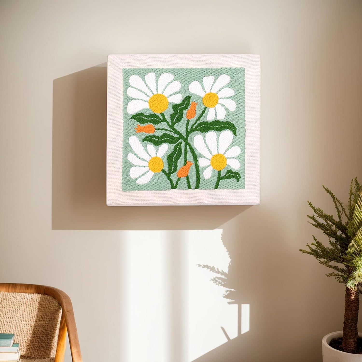 Punch Needle Kits for Beginners,Sunny Lovely White Flowers and Green Background，With Hoop Embroidery Punch Needle Starter Craft Set for Suitable as a Holiday Present for Adults image number 3