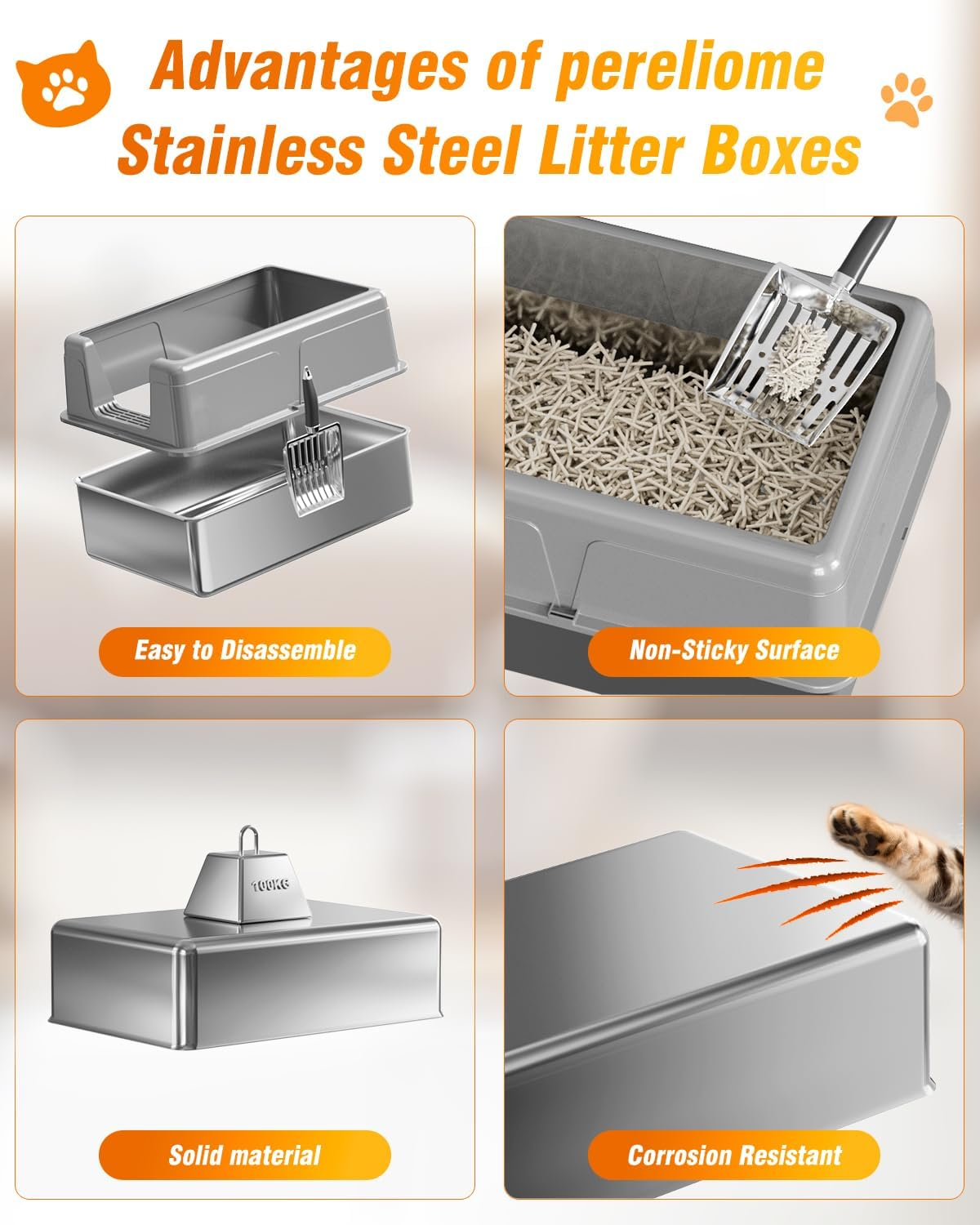 LOVELEDI Cat Litter Box - Stainless Steel Cat Litter Box, Extra Large Cat Little Tray with Lid for Big Cats, XXL Kitty Litter Pan Boxes with High Sides Enclosed, Non-Sticky, 61L X 40.6W X 30.5H CM image number 3