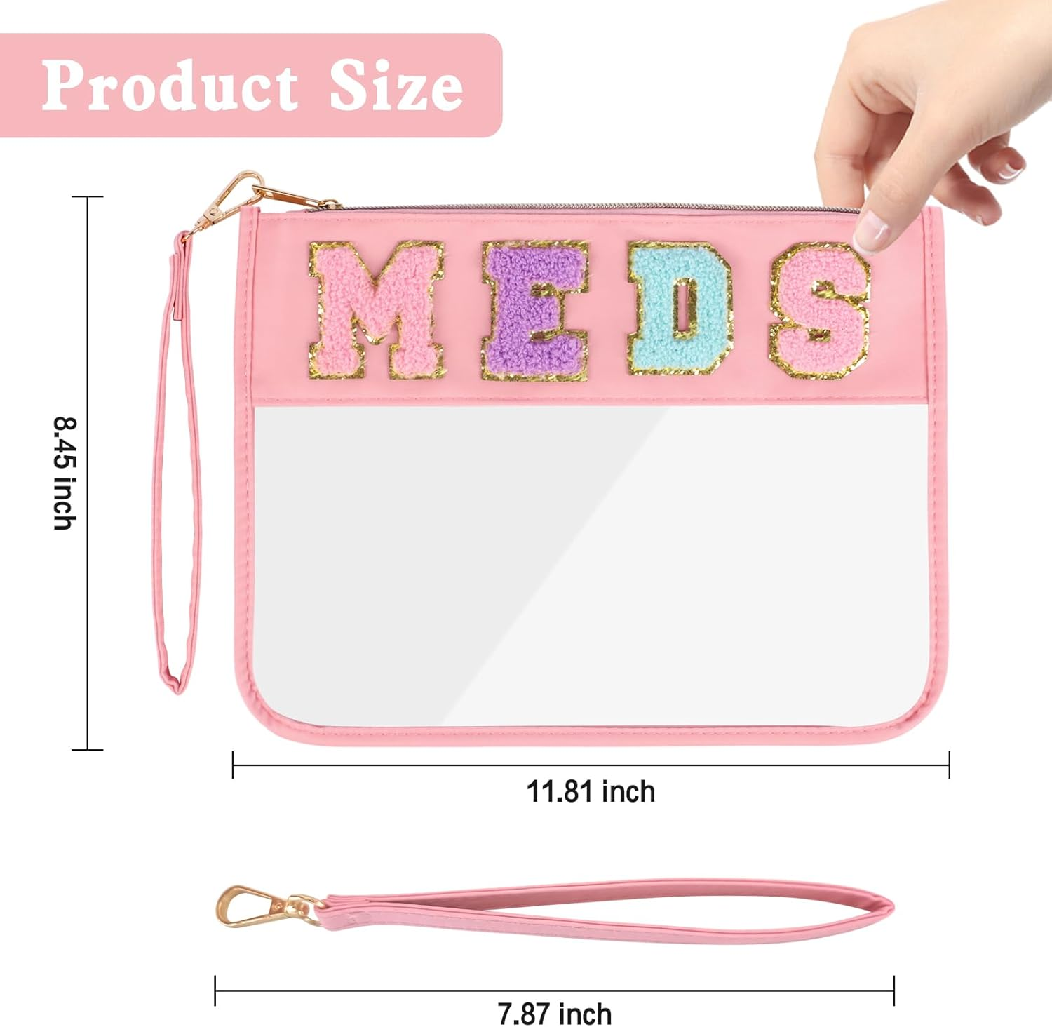 Chenille Letter Clear Zipper Flat Transparent Waterproof Cosmetic Bag Travel Makeup Bag with Zipper Toiletry Bag with Preppy Patch for Women and Kids, Medicines, Cosmetic Bag/Makeup Bag image number 4