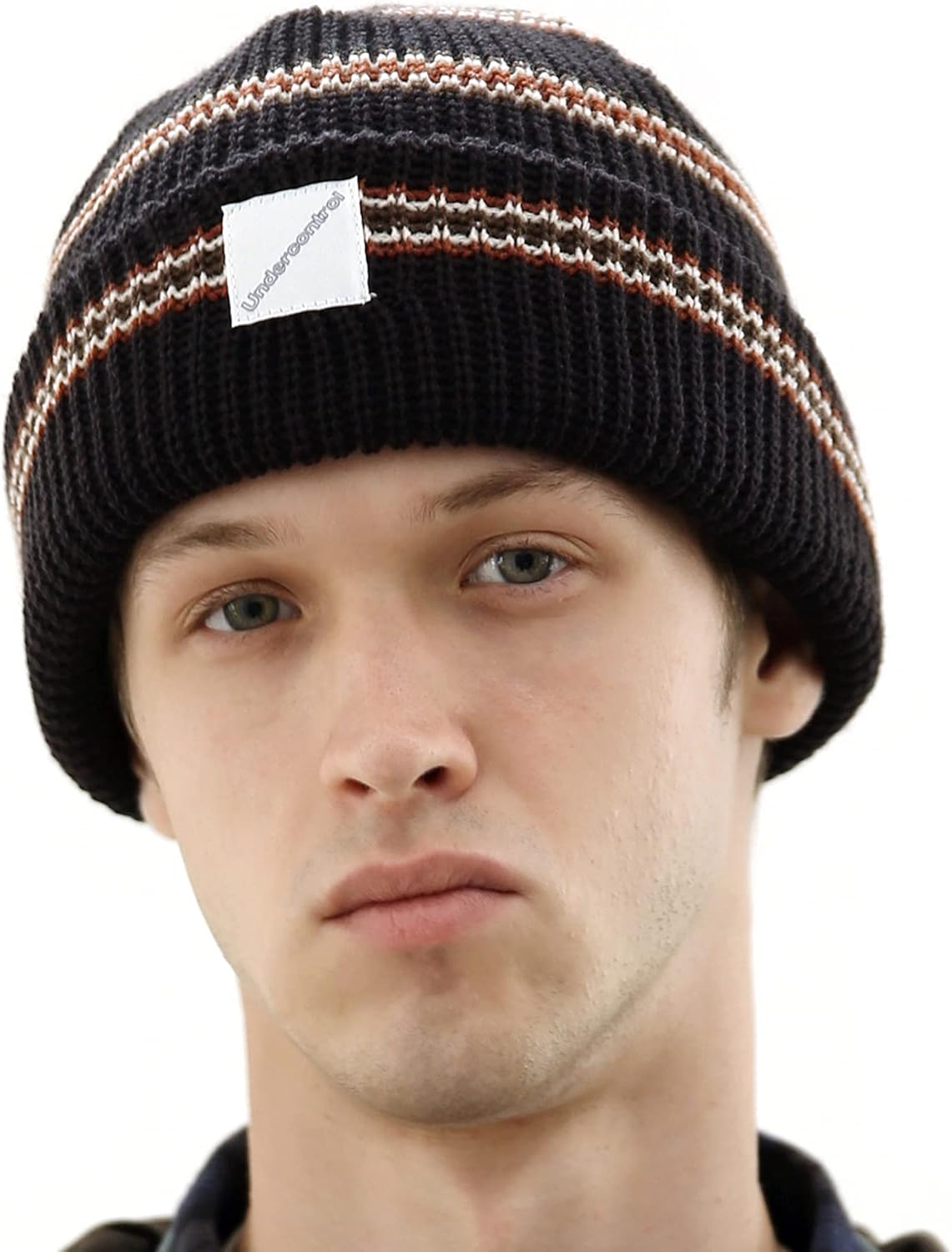 UNDERCONTROL Stripe Pattern Roll up Skullcap Warm Winter Watch Hats Thick Knit Cuff Square Logo Patch Unisex Fisherman Beanie