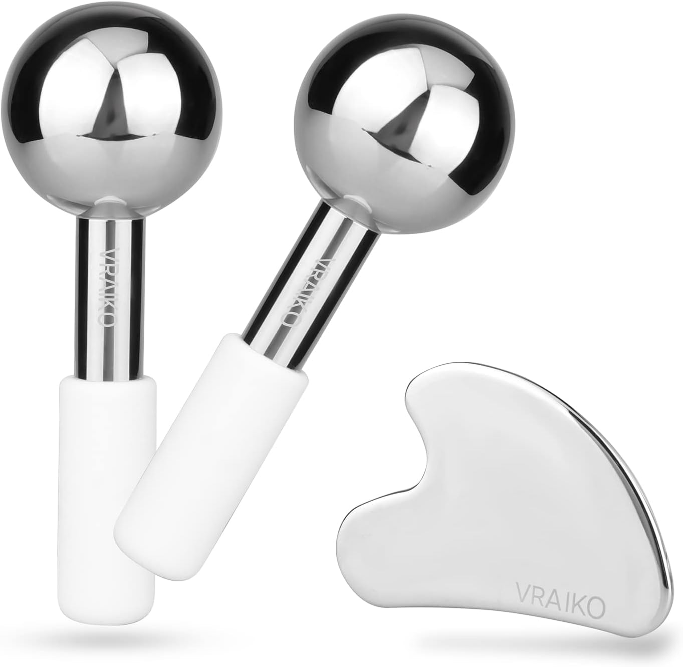 VRAIKO ICES Globes for Facials & Gua Sha Set, Gua Sha Facial Tools and Cryo Sticks with Unbreakable Steel for Face, Face Massager Cooling Rollers for Dark Circles, Puffiness and Lymphatic Drainage (WHITE) image number 2