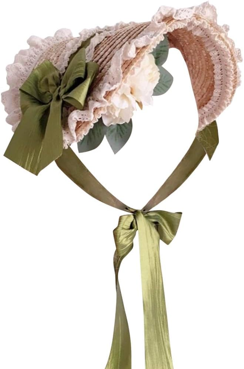 Girls Women Victorian Lolita Flat Bonnet Cap Tea Party Sun Hat Lace Bows Flower Ribbons Straw Hats