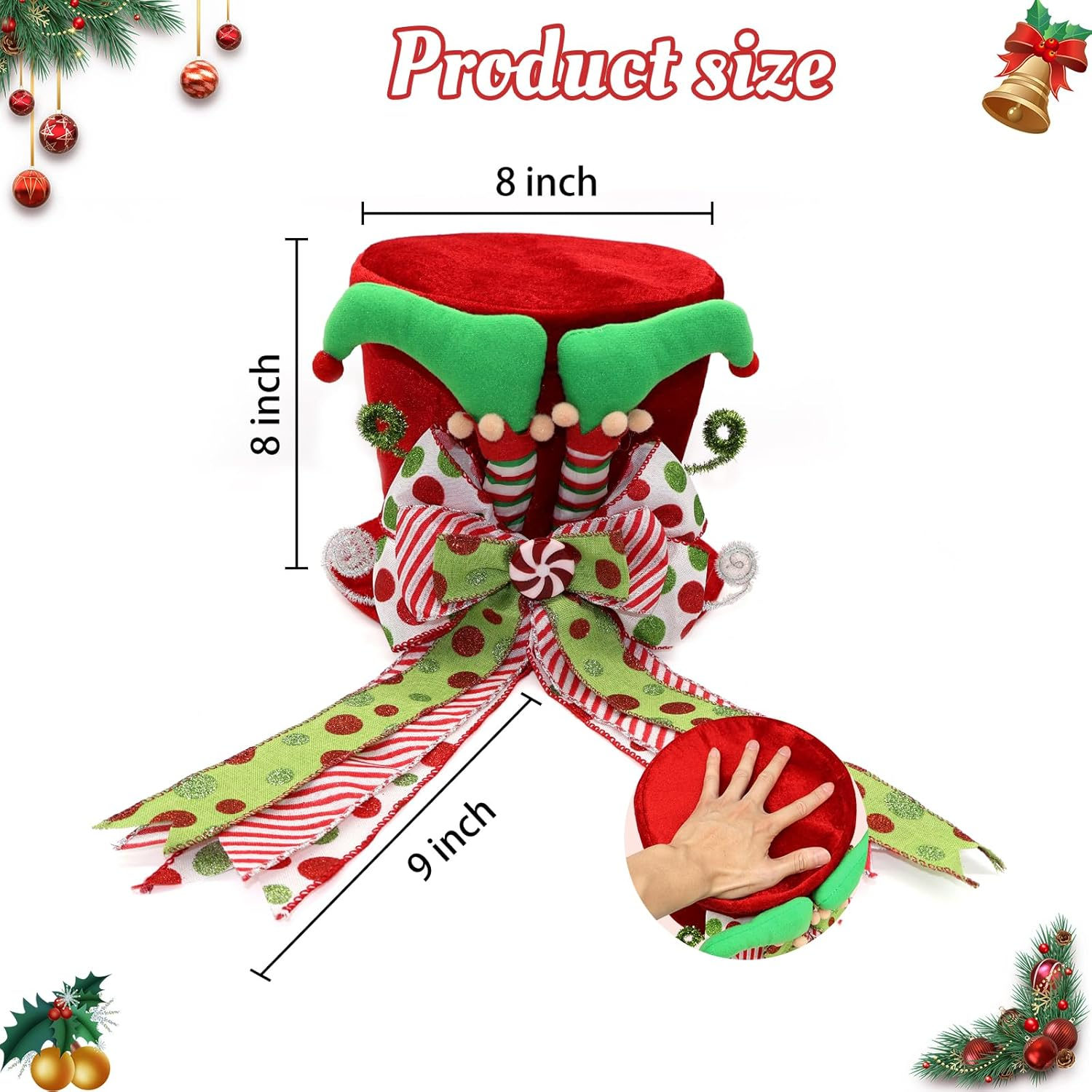 Christmas Tree Topper Hat with Bow, Red Velvet Top Hat Ornament with Elf Legs and Red & Green Polka Dot Bow, Winter Holidays Xmas Decor for Home Decoration
