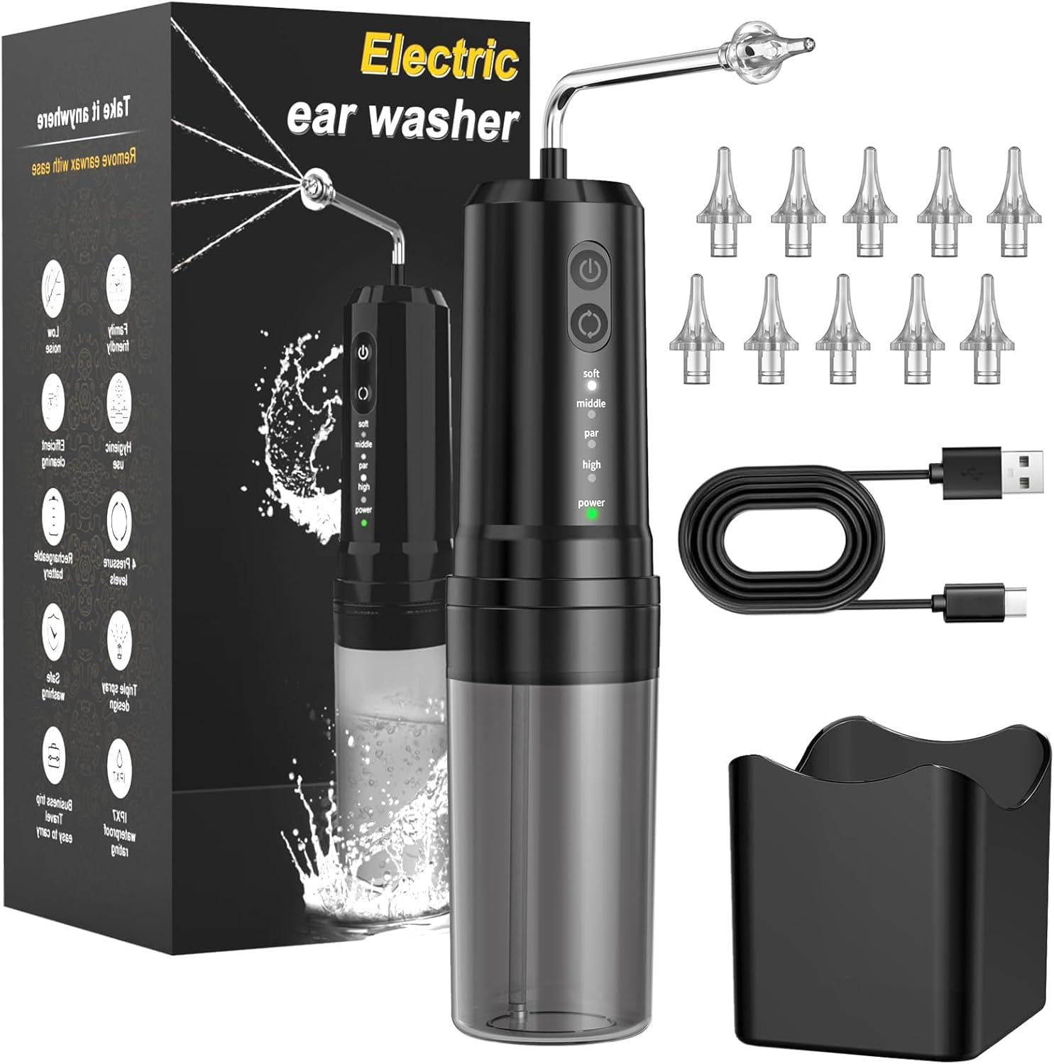 Ear Wax Removal Kit,Usb Electric Water Powered Ear Cleaner with 10 Replaceable Tips,4 Cleaning Modes IPX7 Waterproof Ear Irrigation System Reusable Ear Flushing Cleaning Tool for Kids Adults Home Use image number 2