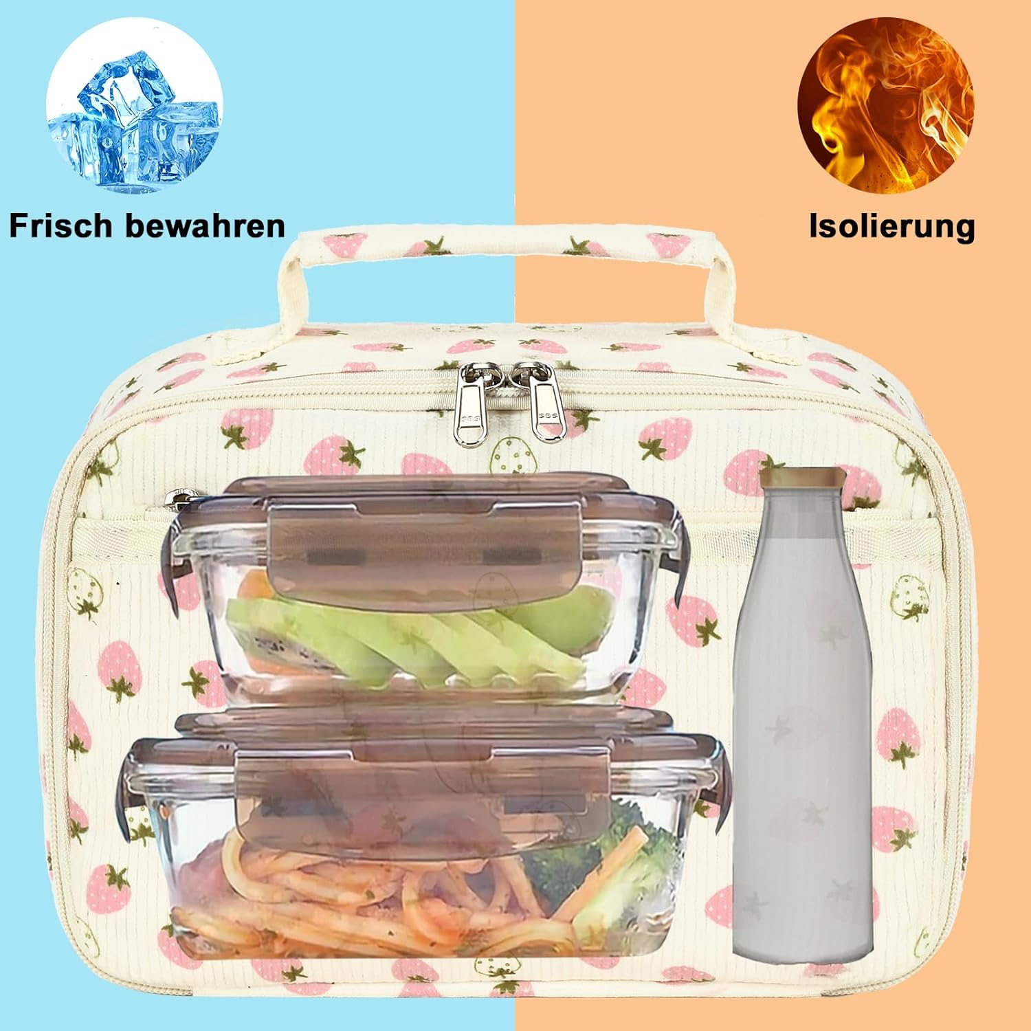 LEDAOU Children'S Lunch Bag Boys Girls 5L Lunch Bag Insulated Bag with Zip Thermal Bag Lunch Bag Cool Bag for School Hiking Work (Small White Strawberries) - Corduroy Flower Beige image number 3